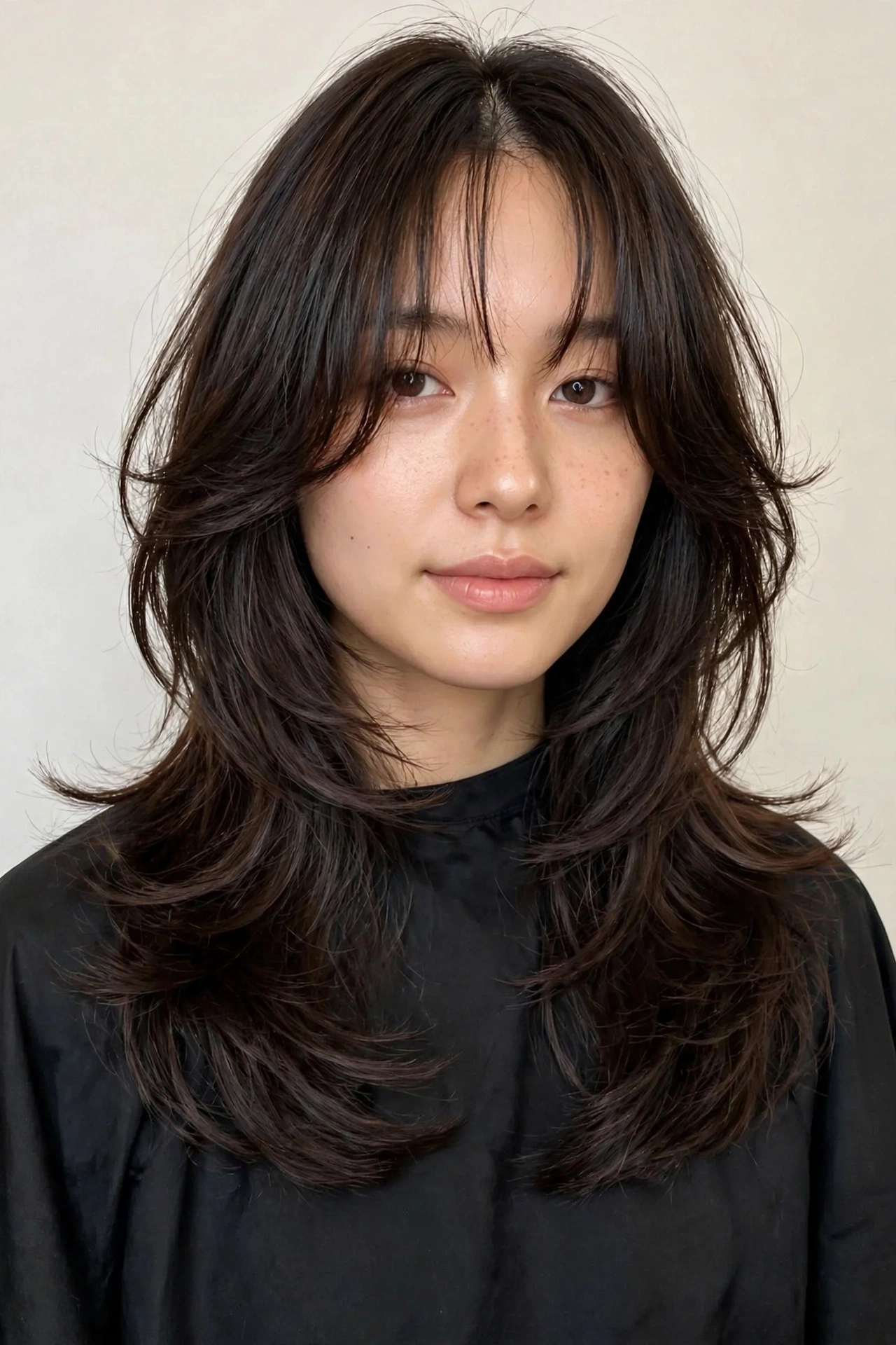 Hush cut with bottleneck bangs, narrow center widening toward the cheekbones