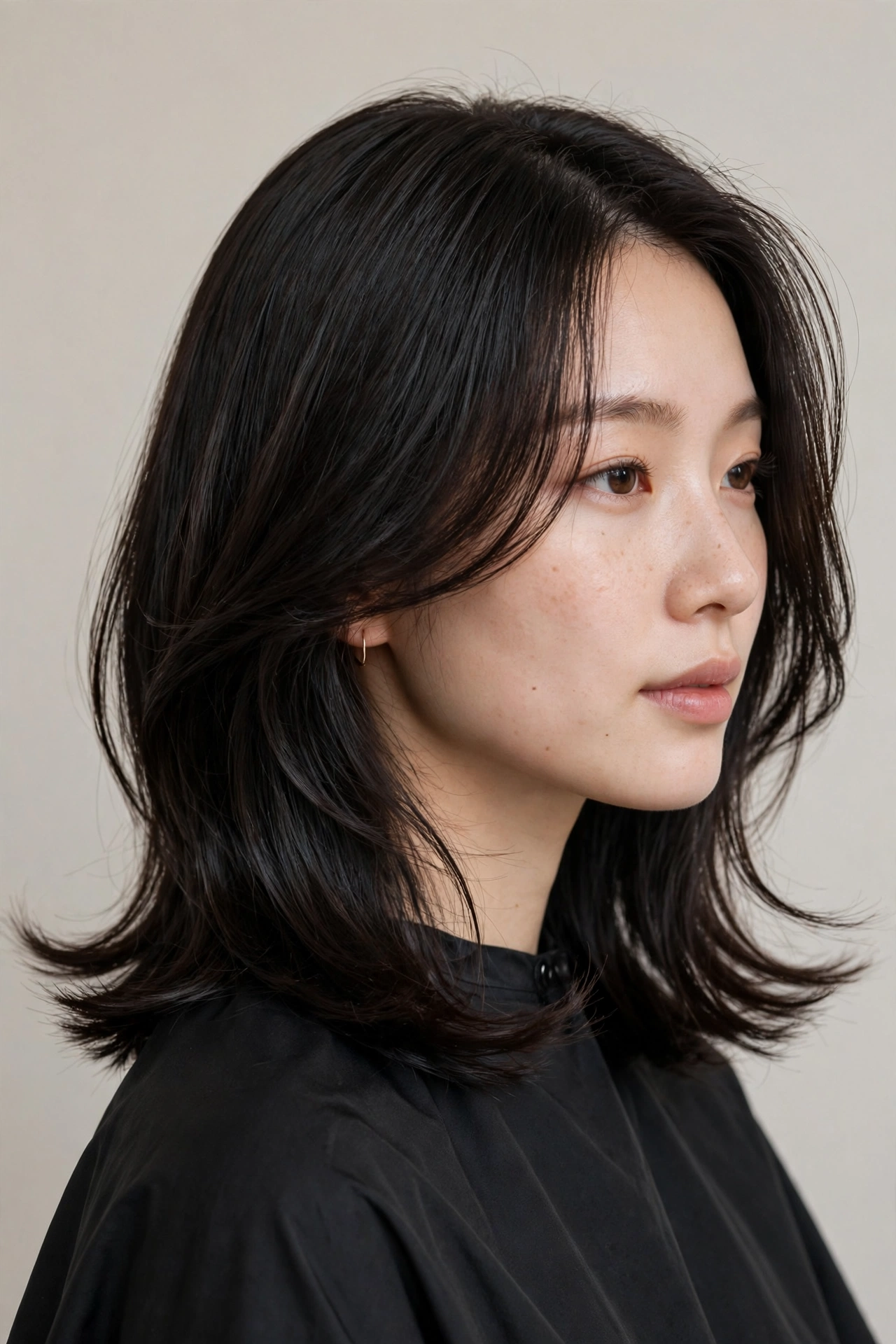Sleek straight hush cut, smooth polished layers with subtle flicked ends