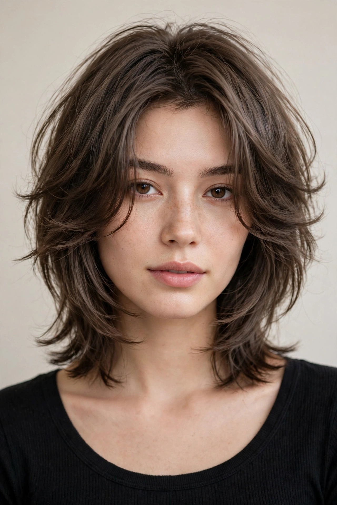 Hush cut with prominent face-framing layers contouring the cheekbones
