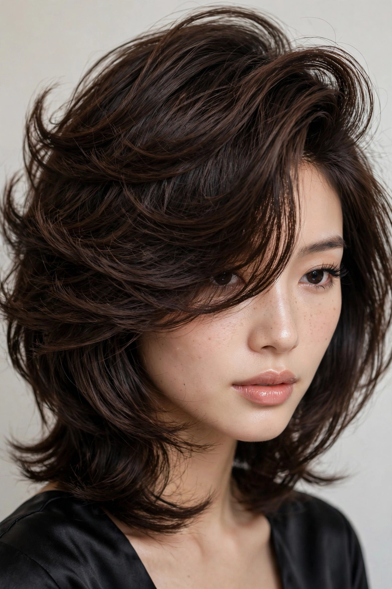 Hush cut with a deep side part, voluminous sweep across the forehead