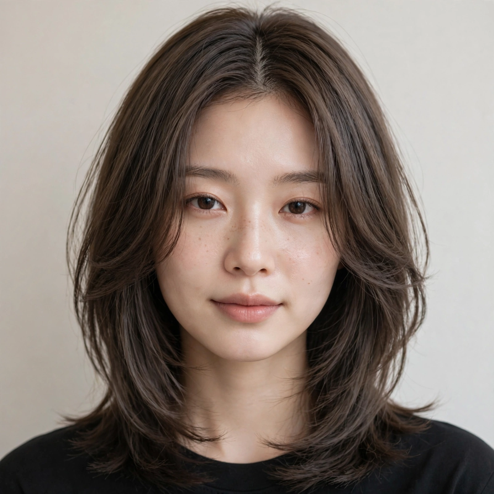 Hush cut with a middle part, symmetrical layers falling on both sides