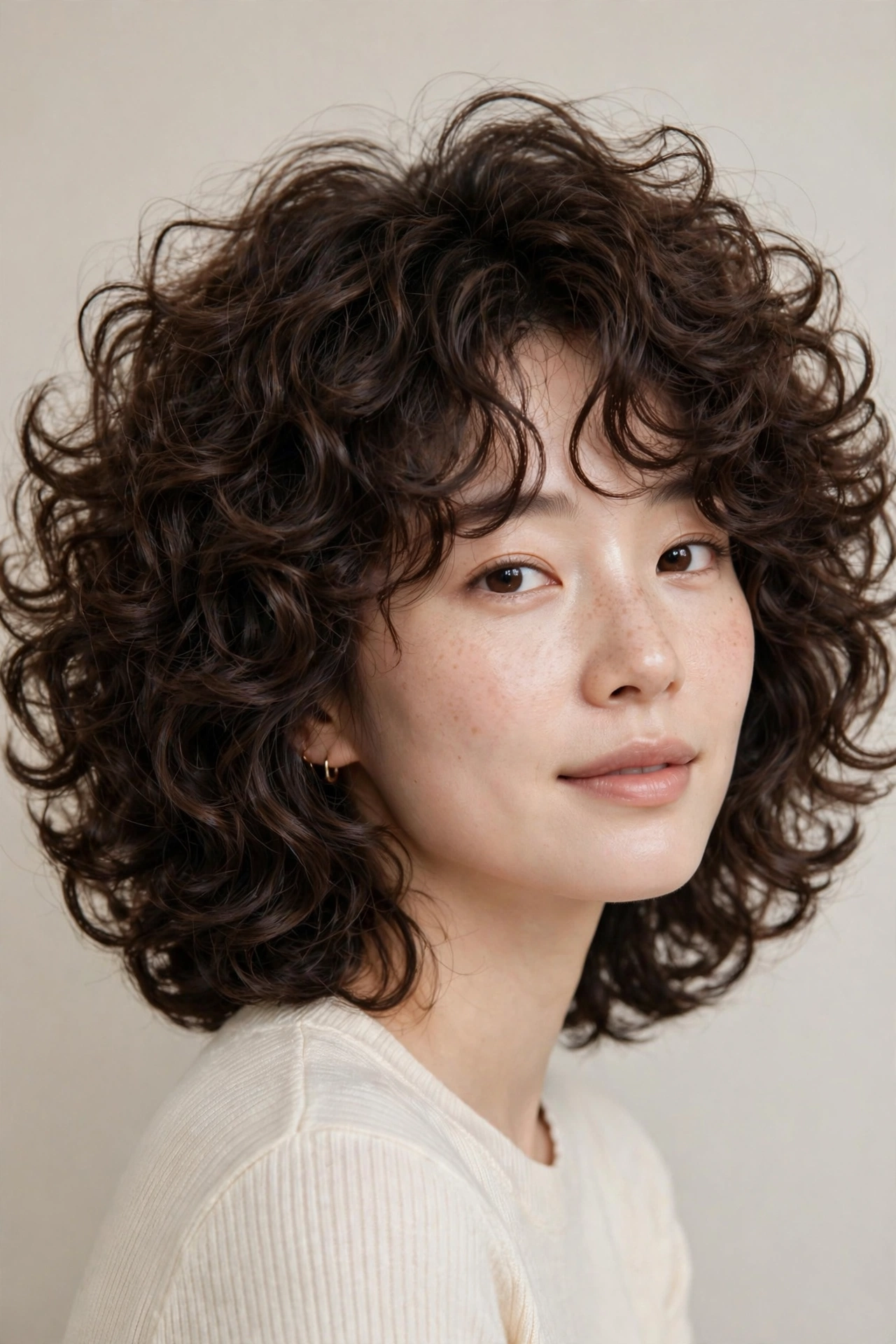 Curly hush cut on a woman, defined curls with soft blended layers and volume