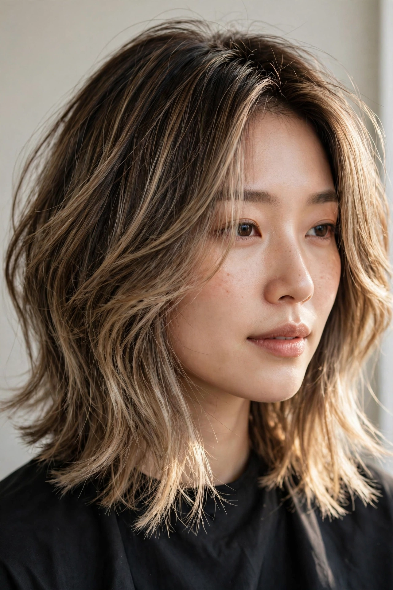 Hush cut with balayage highlights, dimensional color following the layered texture