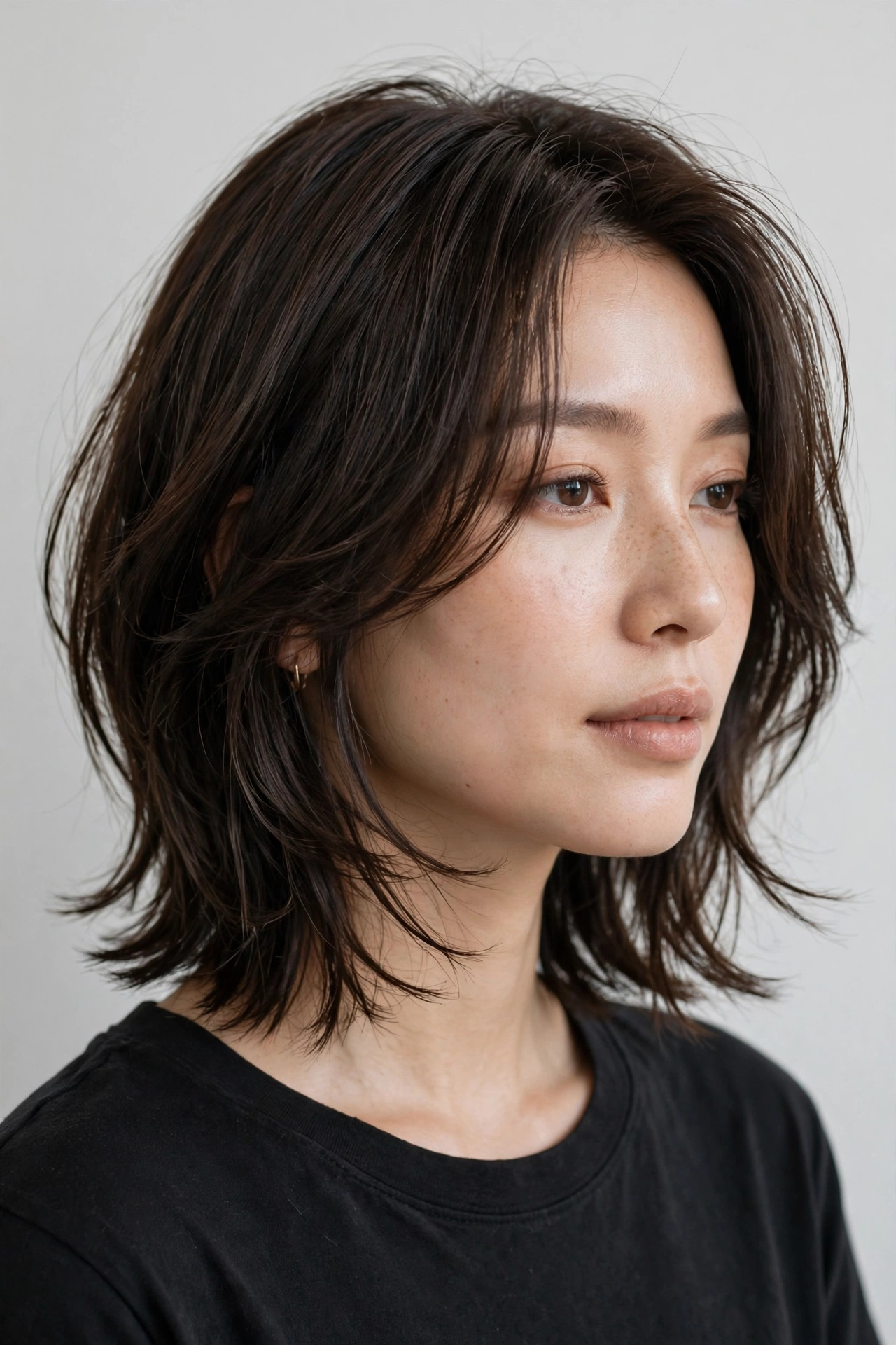Hush cut lob on a woman, collarbone-length layered bob with feathered ends