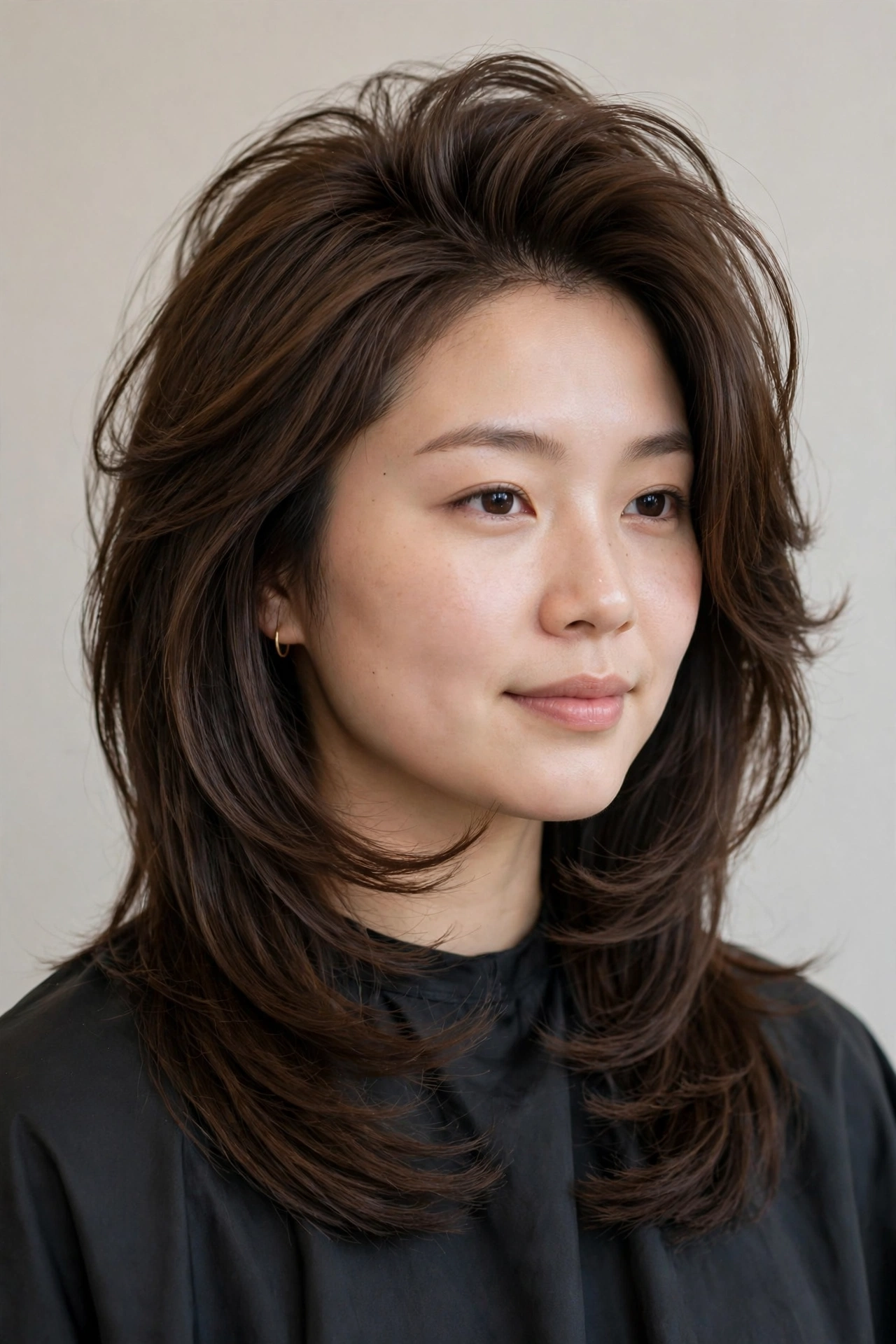 Hush cut styled for a round face, long face-framing layers elongating the features