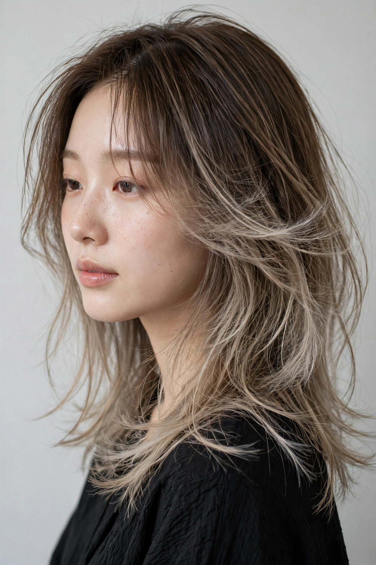 Hush cut with ultra-wispy feathered ends, ethereal translucent layered texture