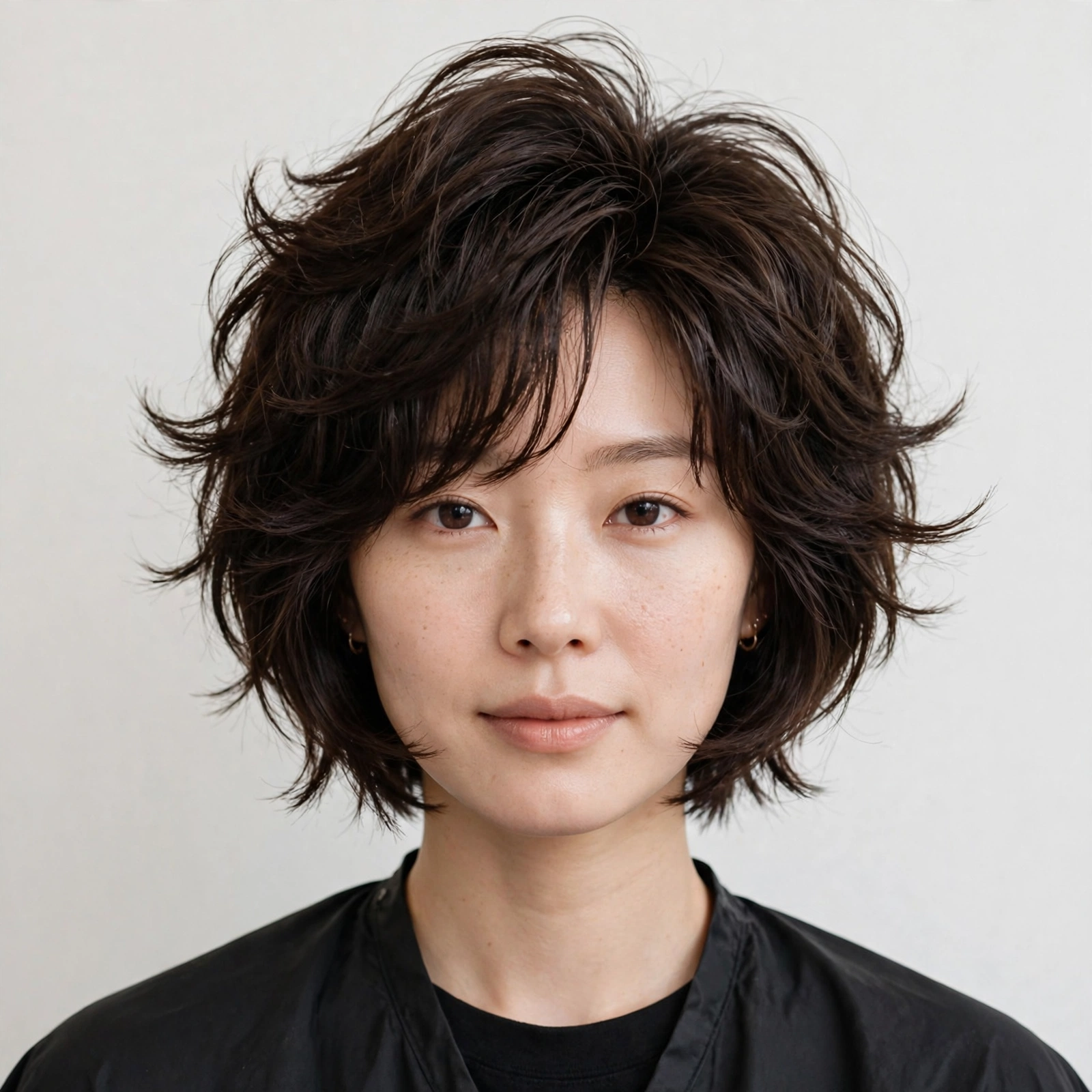 Short hush cut on a woman, chin-length with bold crown layers and feathered ends