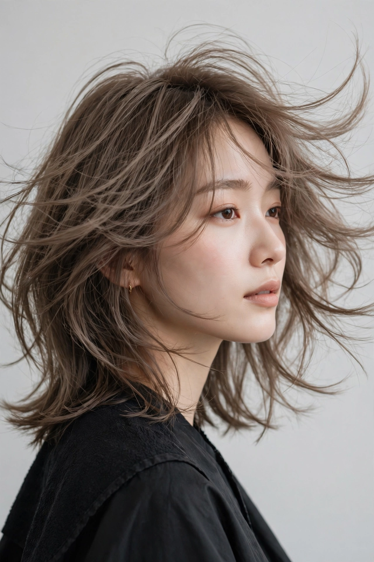 Woman with a 2026 hush cut in a bright salon, soft layered hair in motion