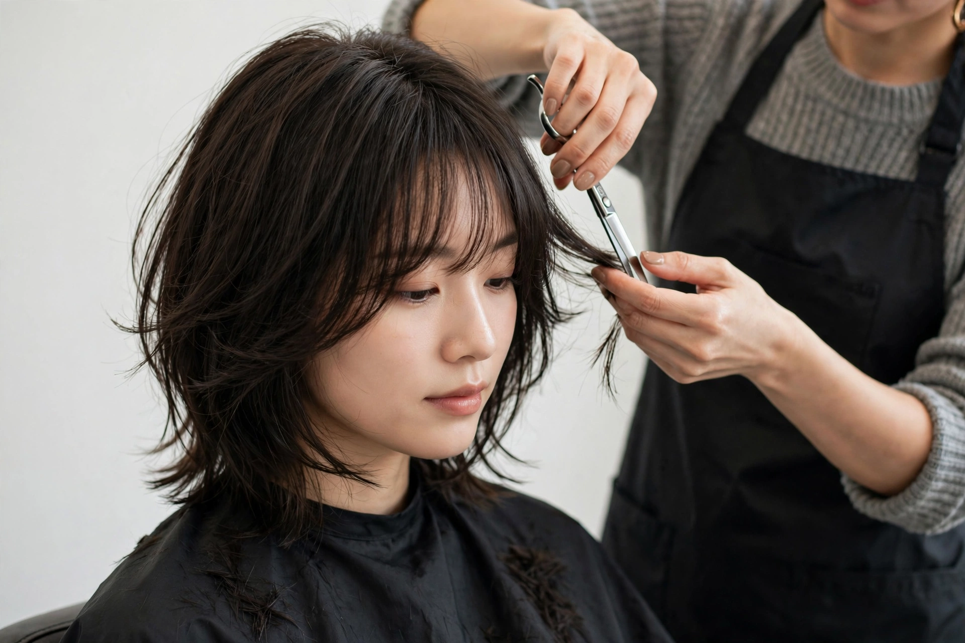 Stylist trimming a woman's hush cut with scissors, maintenance trim in salon