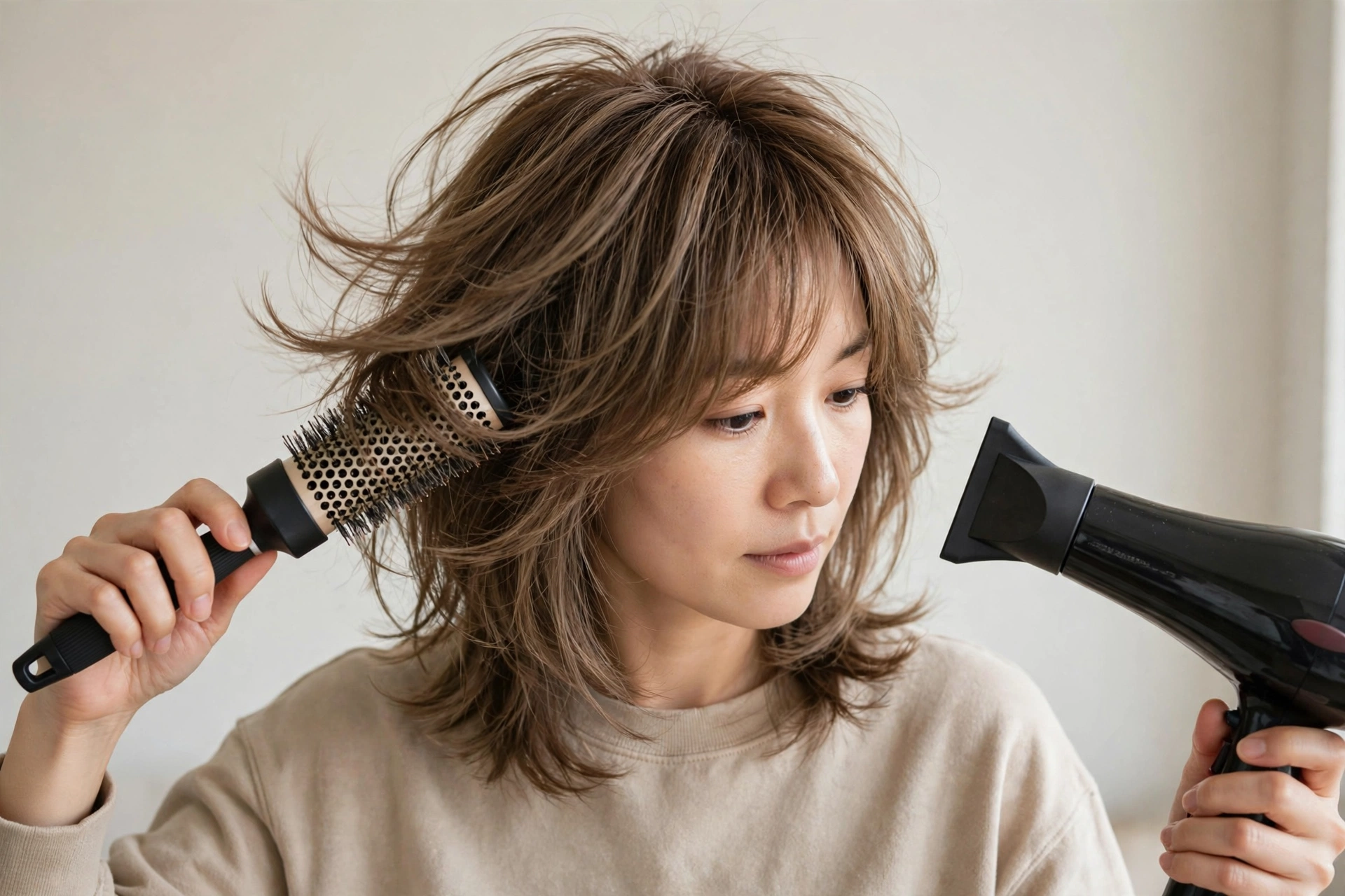 Woman styling her hush cut at home with a round brush and blow dryer