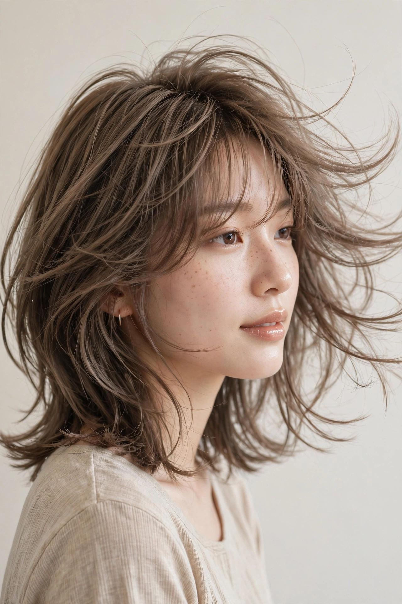 Close-up of hush cut layers showing soft feathered texture and wispy ends