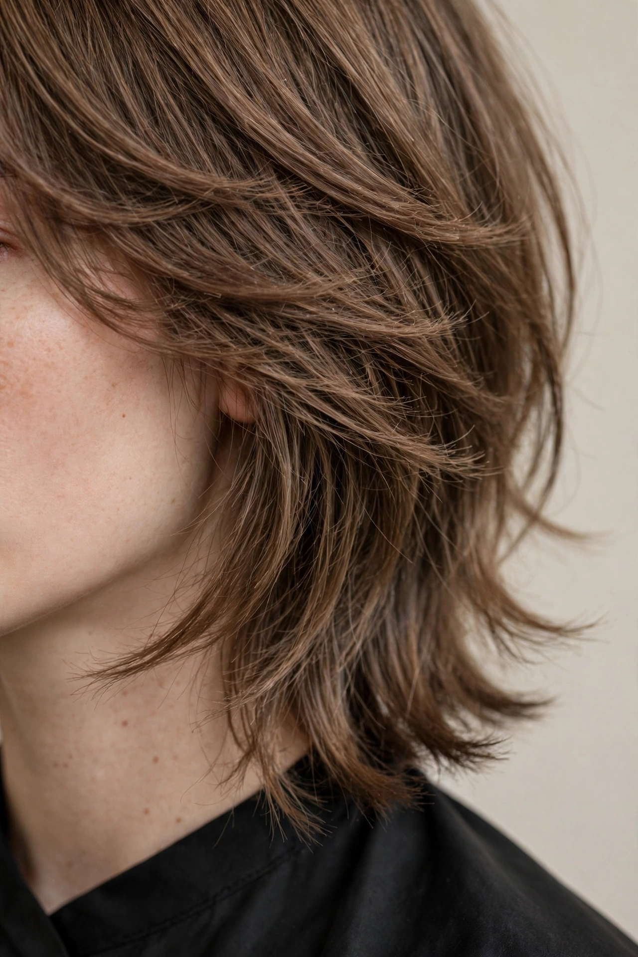 Woman with a soft Korean hush cut, feathered layered hair with wispy ends