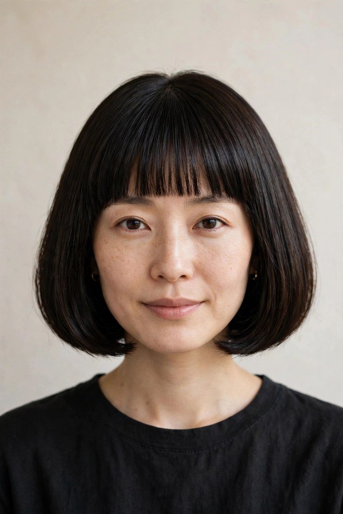 Japanese bob with curtain bangs framing the face