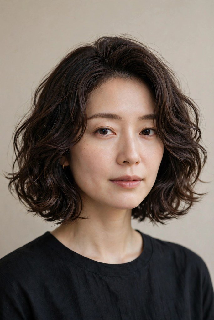 Wavy Japanese bob hairstyle with soft romantic waves