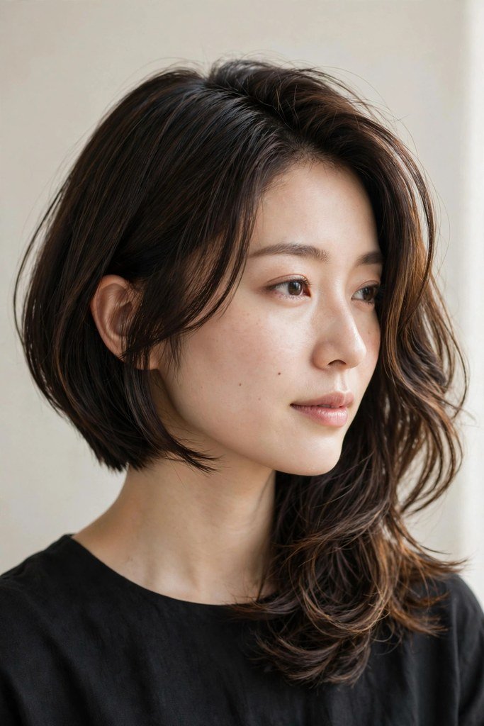 Asymmetrical Japanese bob cut on black hair