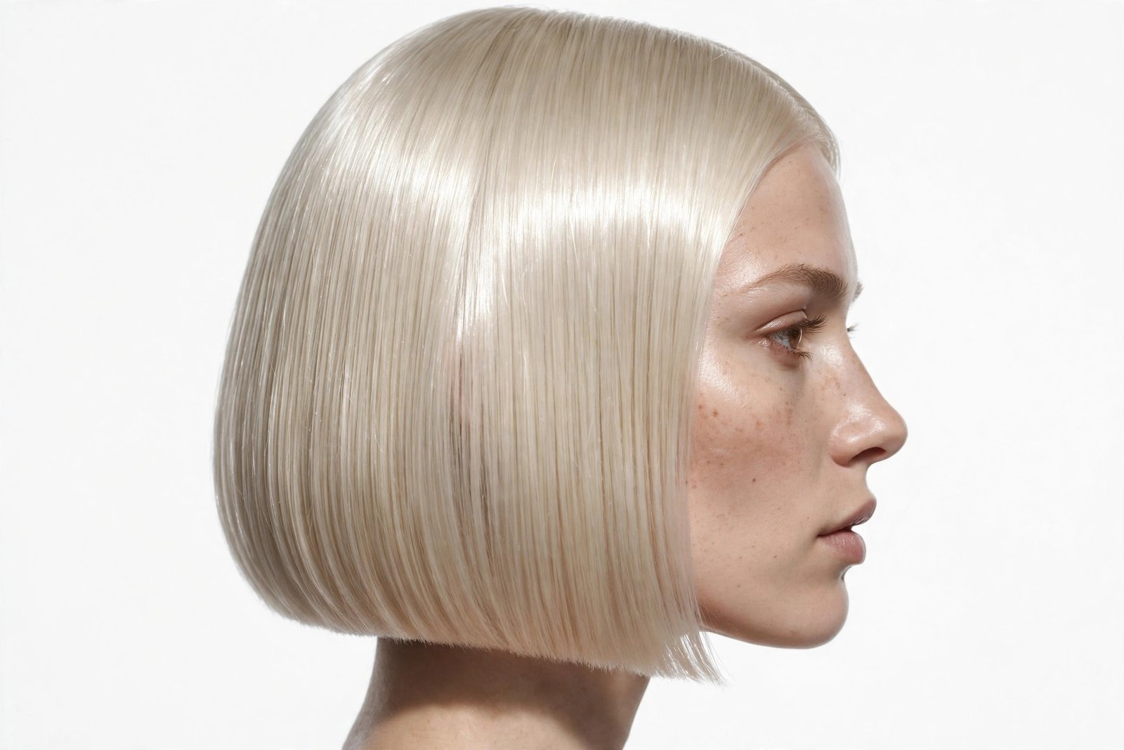 Sleek glass jawline bob, ultra-shiny platinum blonde hair cut precisely at the jawline, side profile