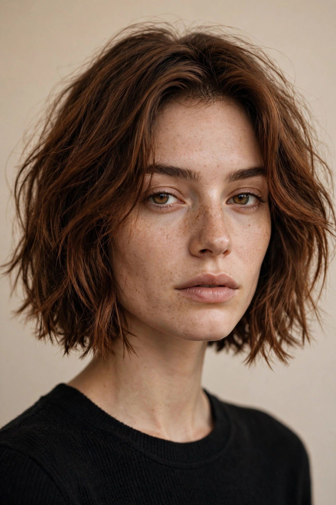 Textured jawline bob with choppy lived-in ends, tousled chestnut-brown hair, effortless cool styling