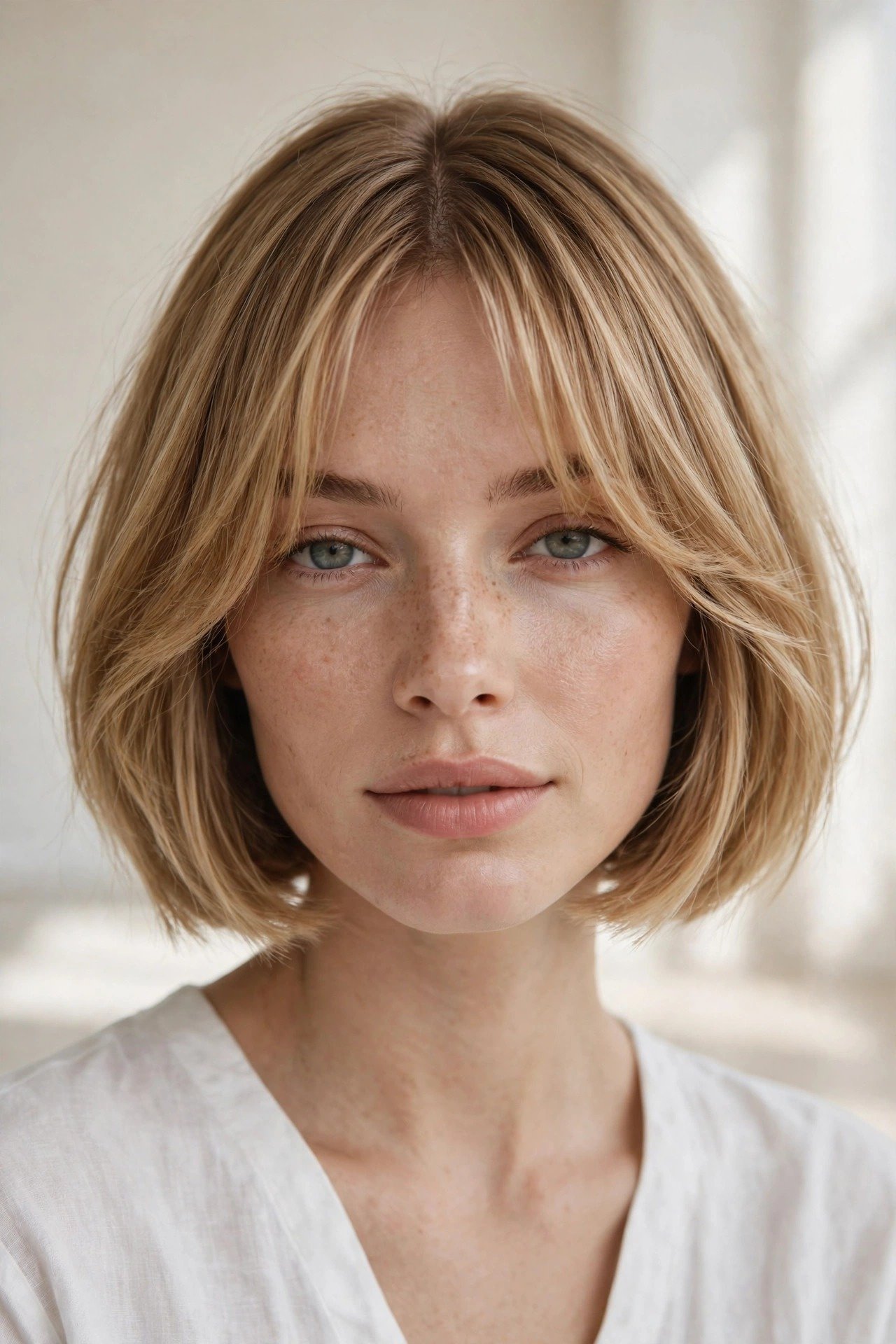 Jawline bob with soft curtain bangs, chin-length honey-blonde hair, fresh feminine styling