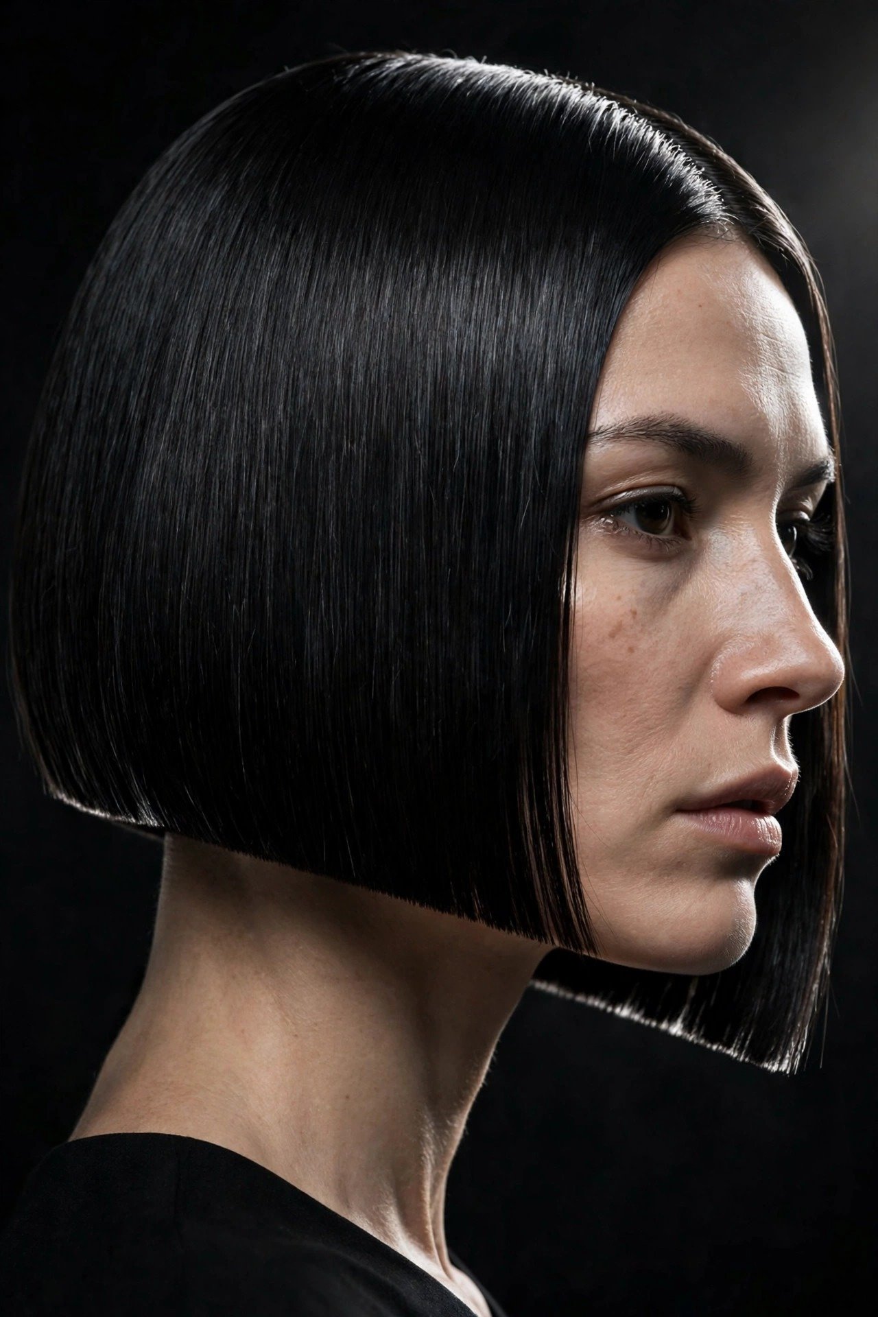 Blunt-edge jawline bob, razor-sharp one-length cut at the jawline, jet-black glossy hair, dramatic view