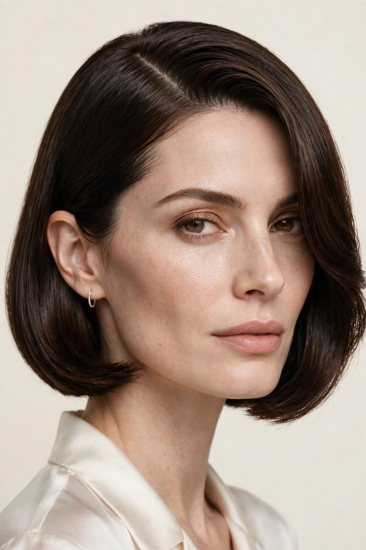 Jawline bob with deep side part, glossy side-swept espresso-brown hair, sophisticated elegant look