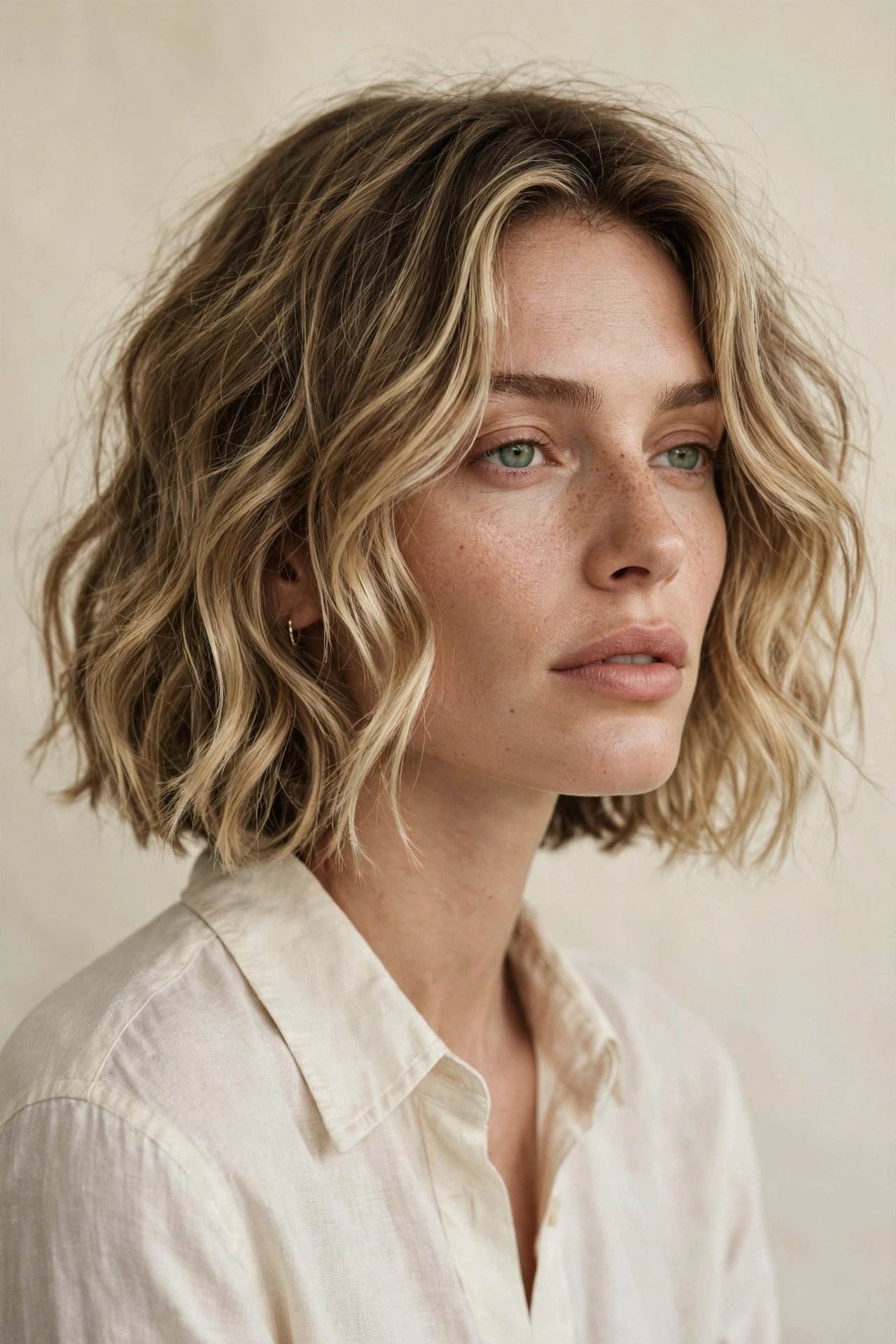 Wavy French-girl jawline bob, tousled undone waves, dark blonde hair with sun-kissed pieces, Parisian chic