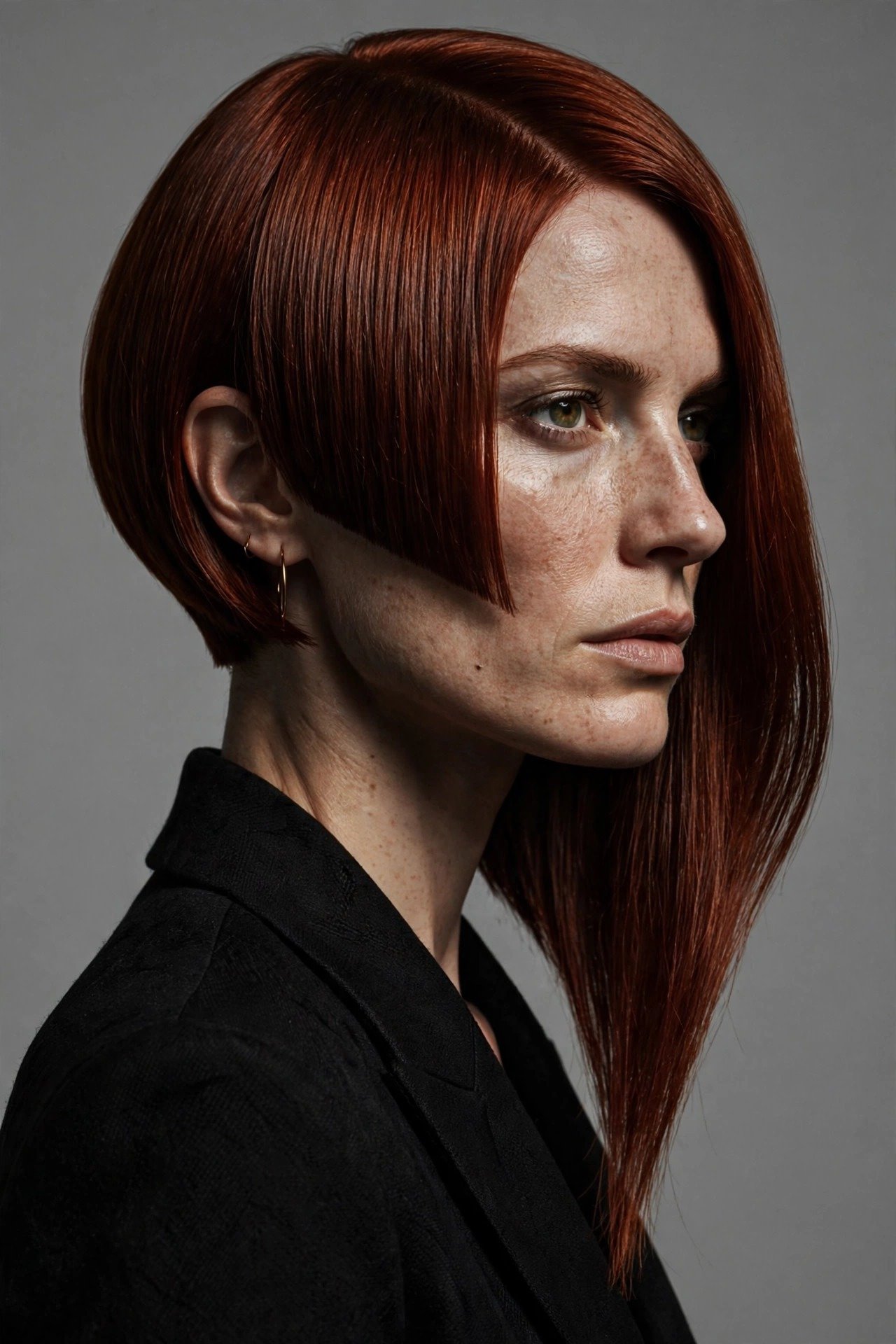 Asymmetrical jawline bob, one side at the jaw and the other slightly longer, sleek auburn hair, editorial look