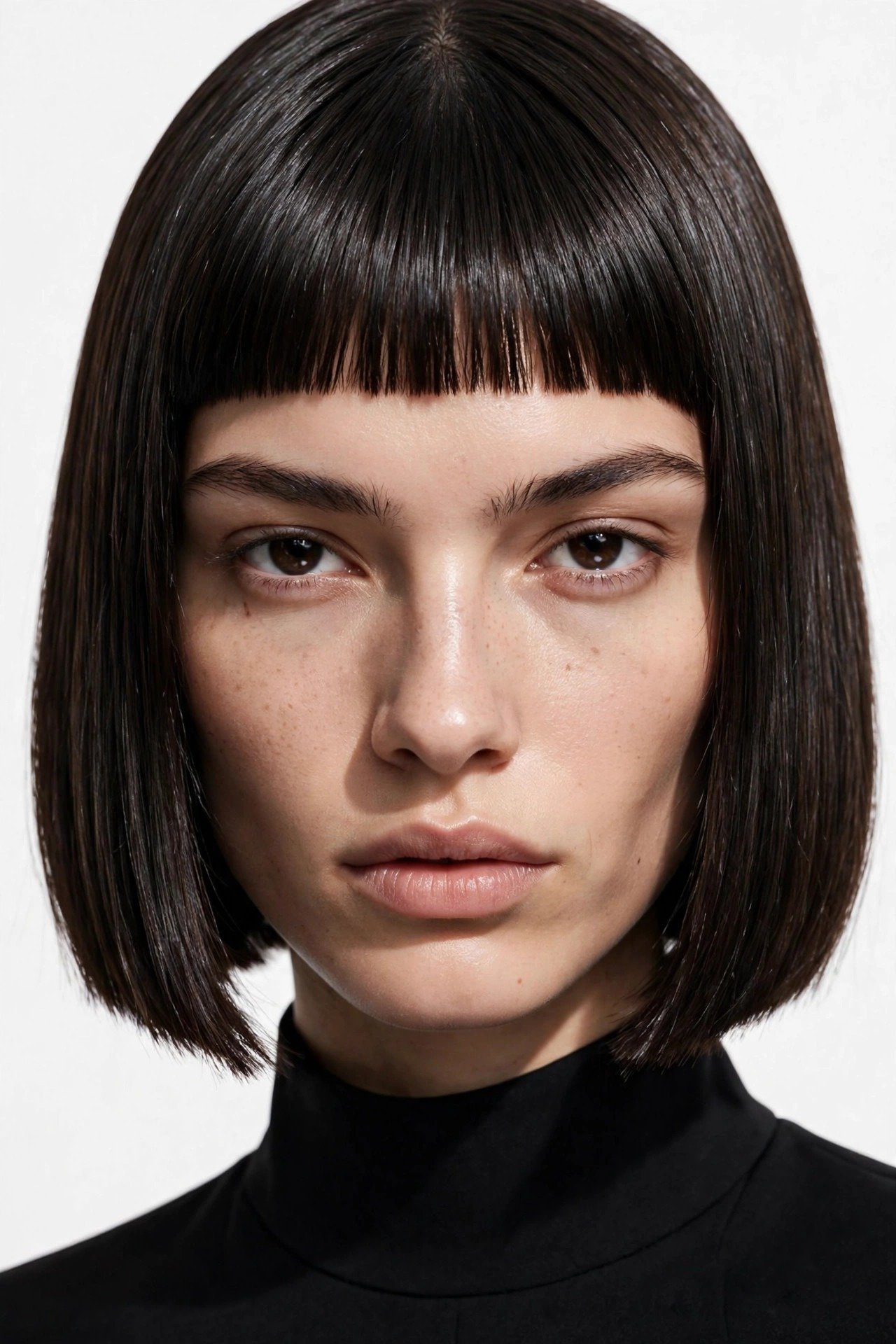 Jawline bob with short micro bangs, chin-length dark-brown hair, bold fashion-editorial look