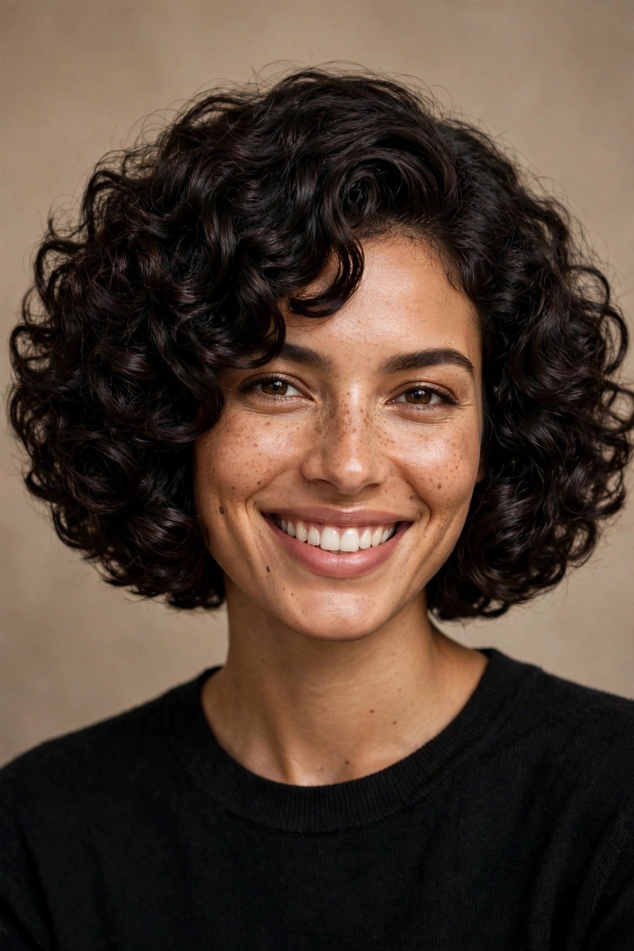 Curly jawline bob with bouncy defined curls at jaw length, voluminous rounded shape, dark curly hair