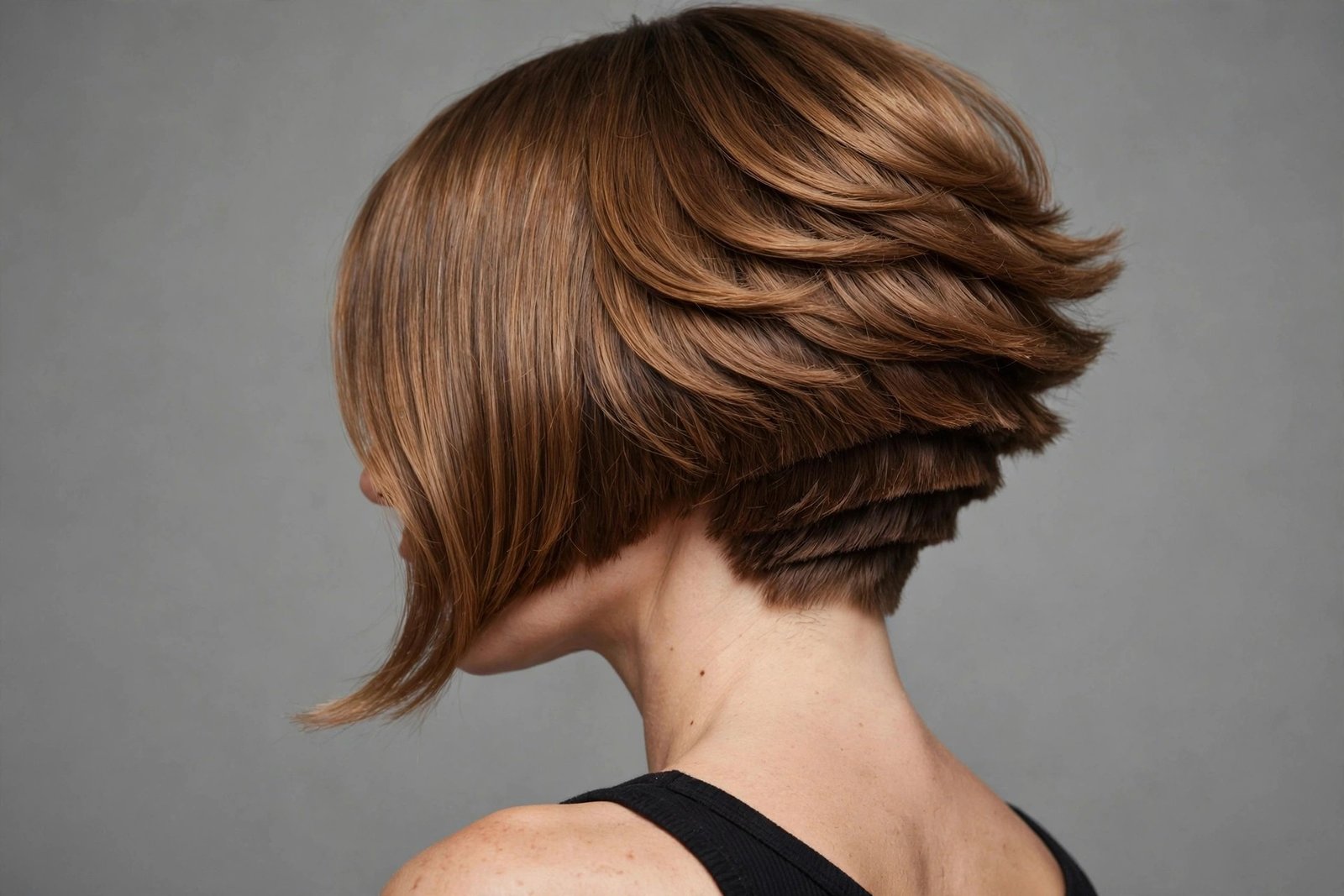 Inverted jawline bob with stacked graduated back and longer front pieces, sleek caramel-brown hair, angled silhouette