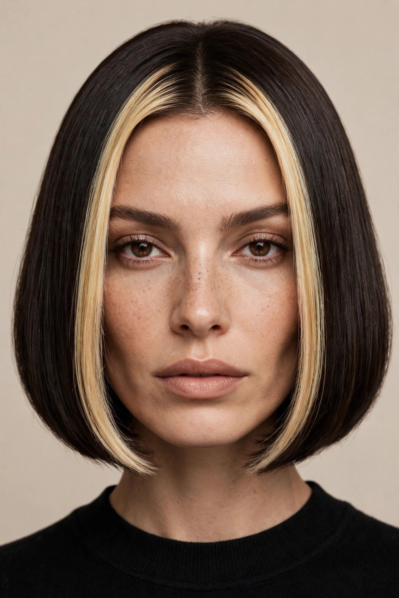 Jawline bob with bright money piece highlights framing the face, dark brunette bob with bold blonde streaks