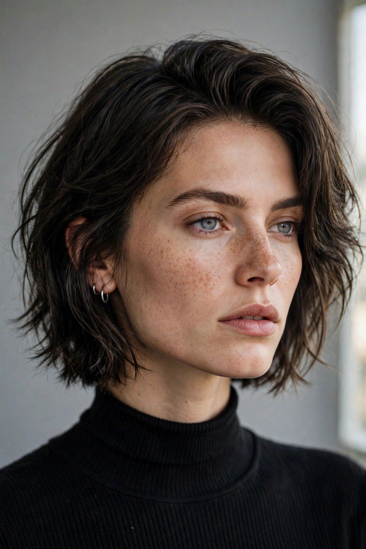 Jawline bob with soft face-framing layers, feathered layers around cheeks, warm golden-brown hair