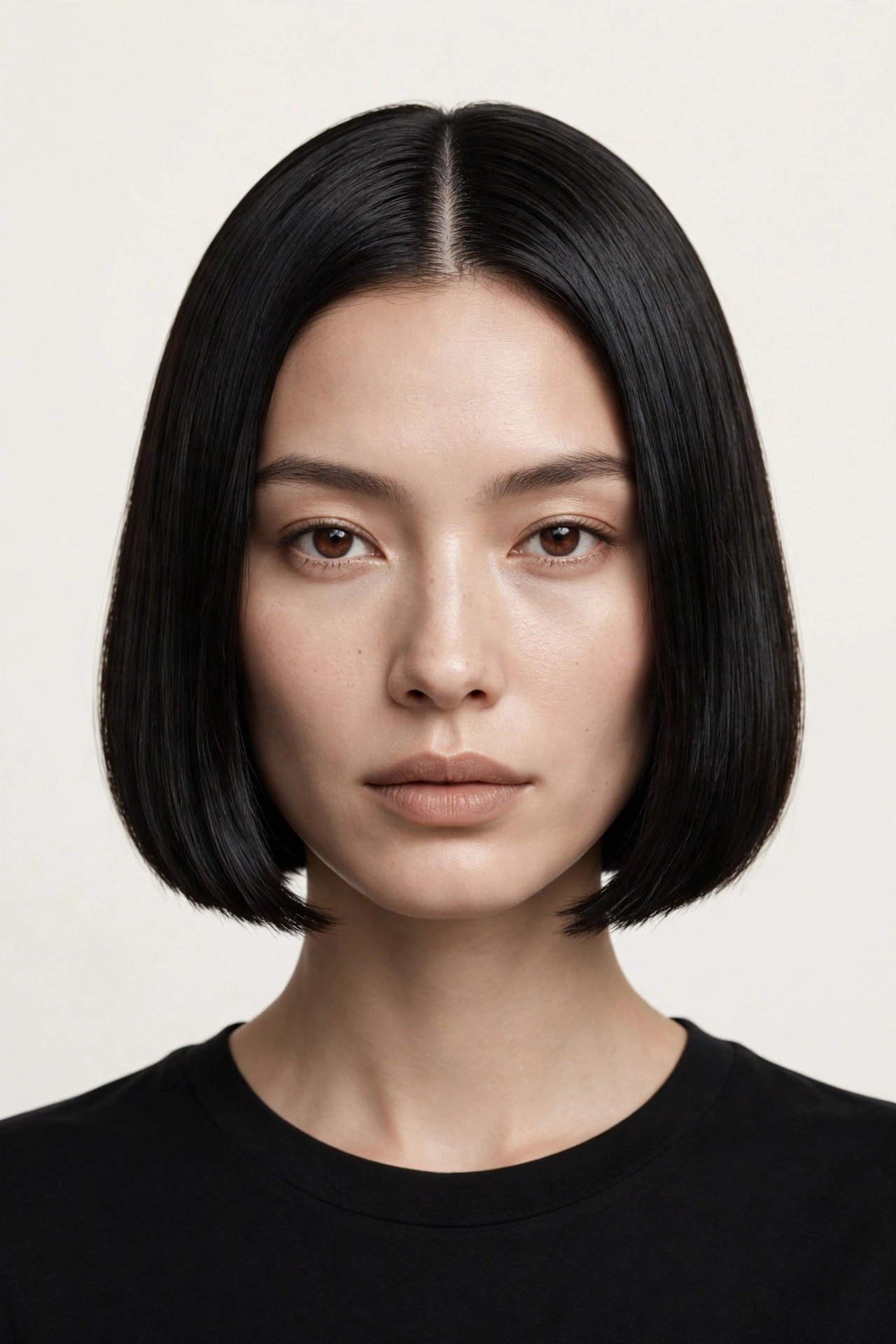 Shaggy jawline bob with choppy textured layers and wispy ends, dark brunette hair, edgy cool styling