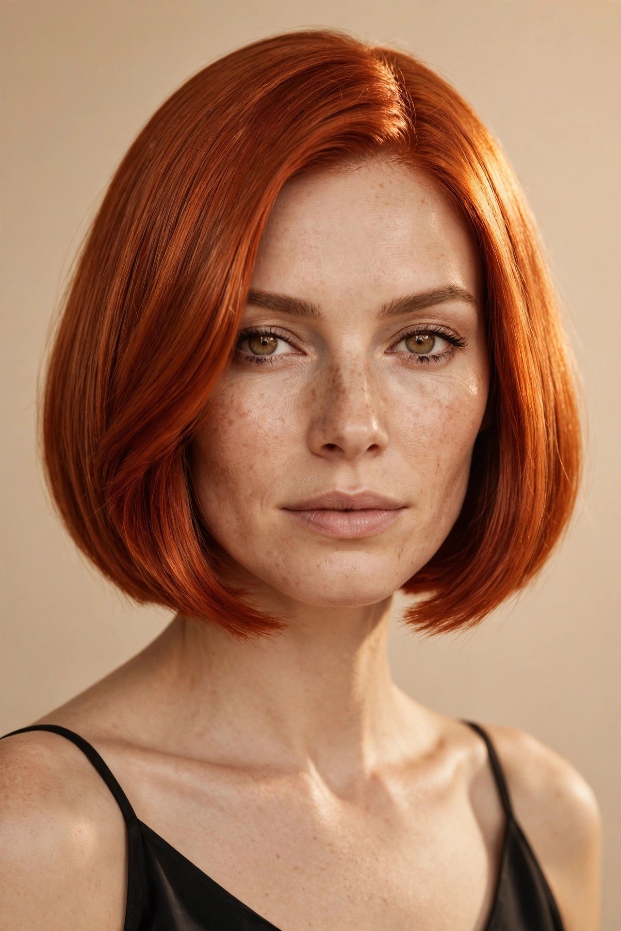 Copper-colored jawline bob, vibrant copper-red hair in a sharp jaw-length cut, warm radiant color