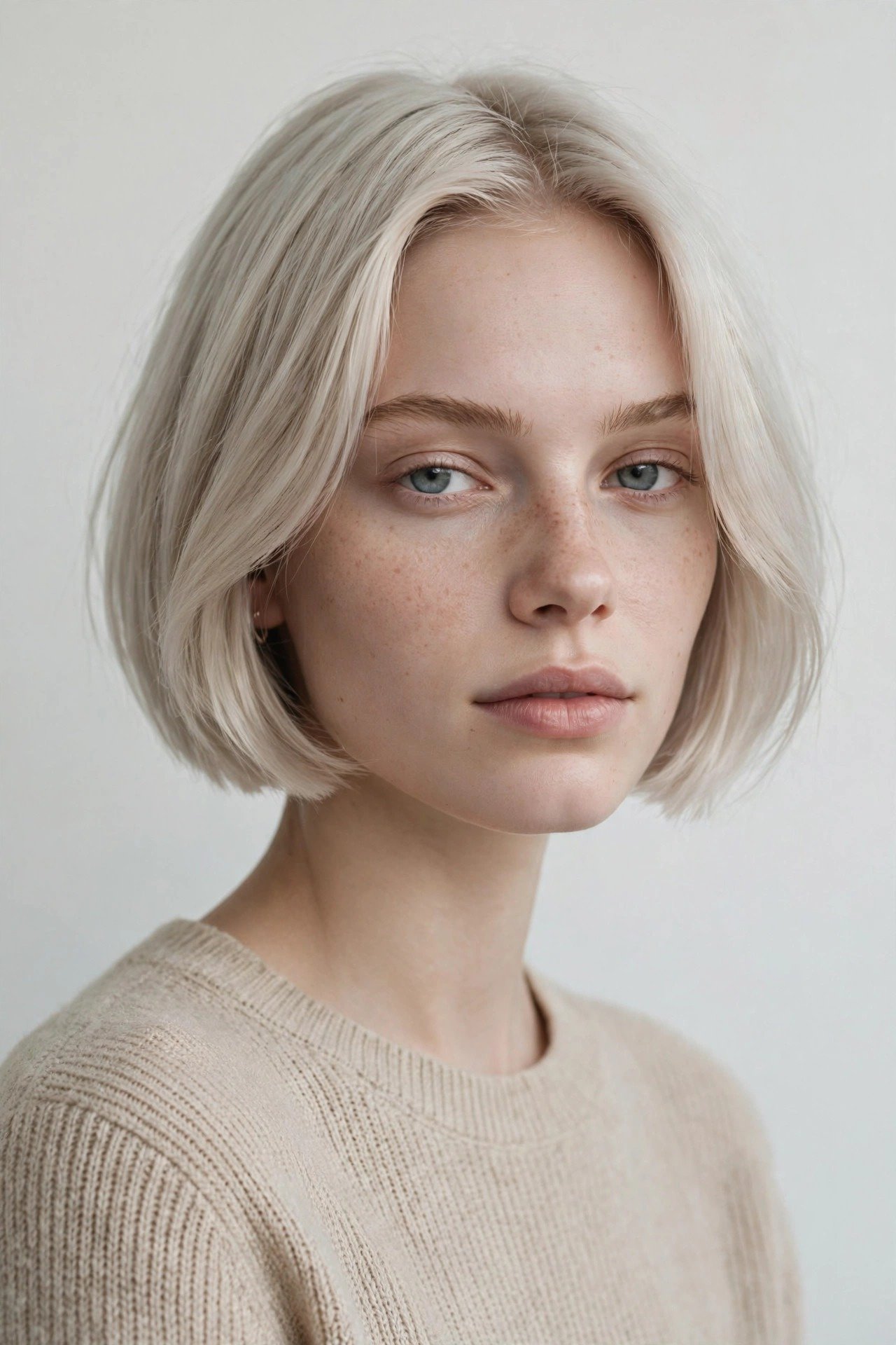 Scandi-style jawline bob, cool icy-blonde hair with soft natural finish, minimalist Scandinavian aesthetic