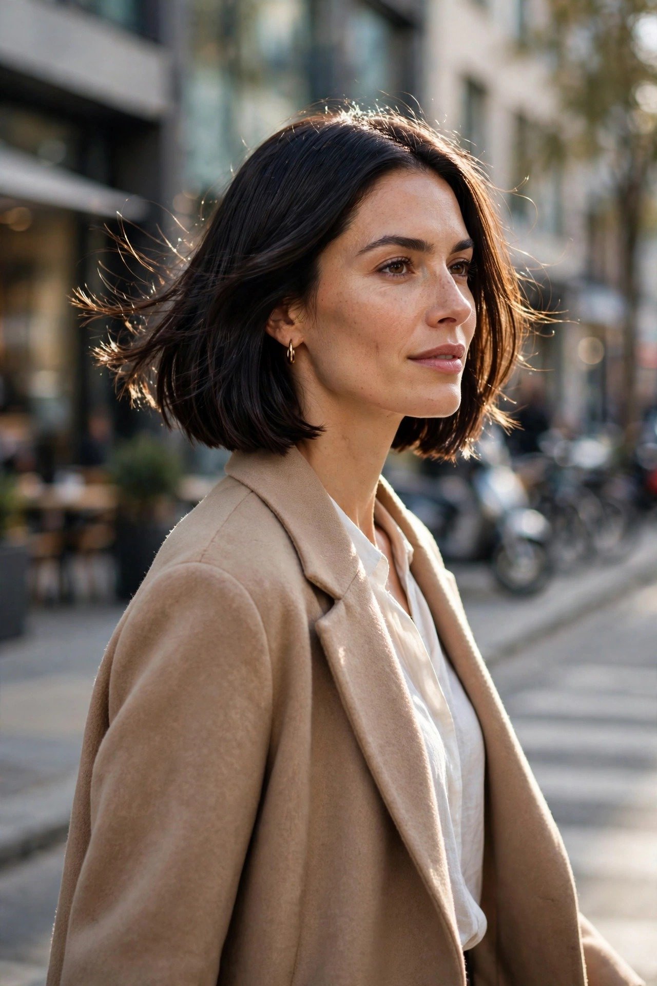 Confident woman with sleek jawline bob walking outdoors, dark glossy chin-length hair, city background