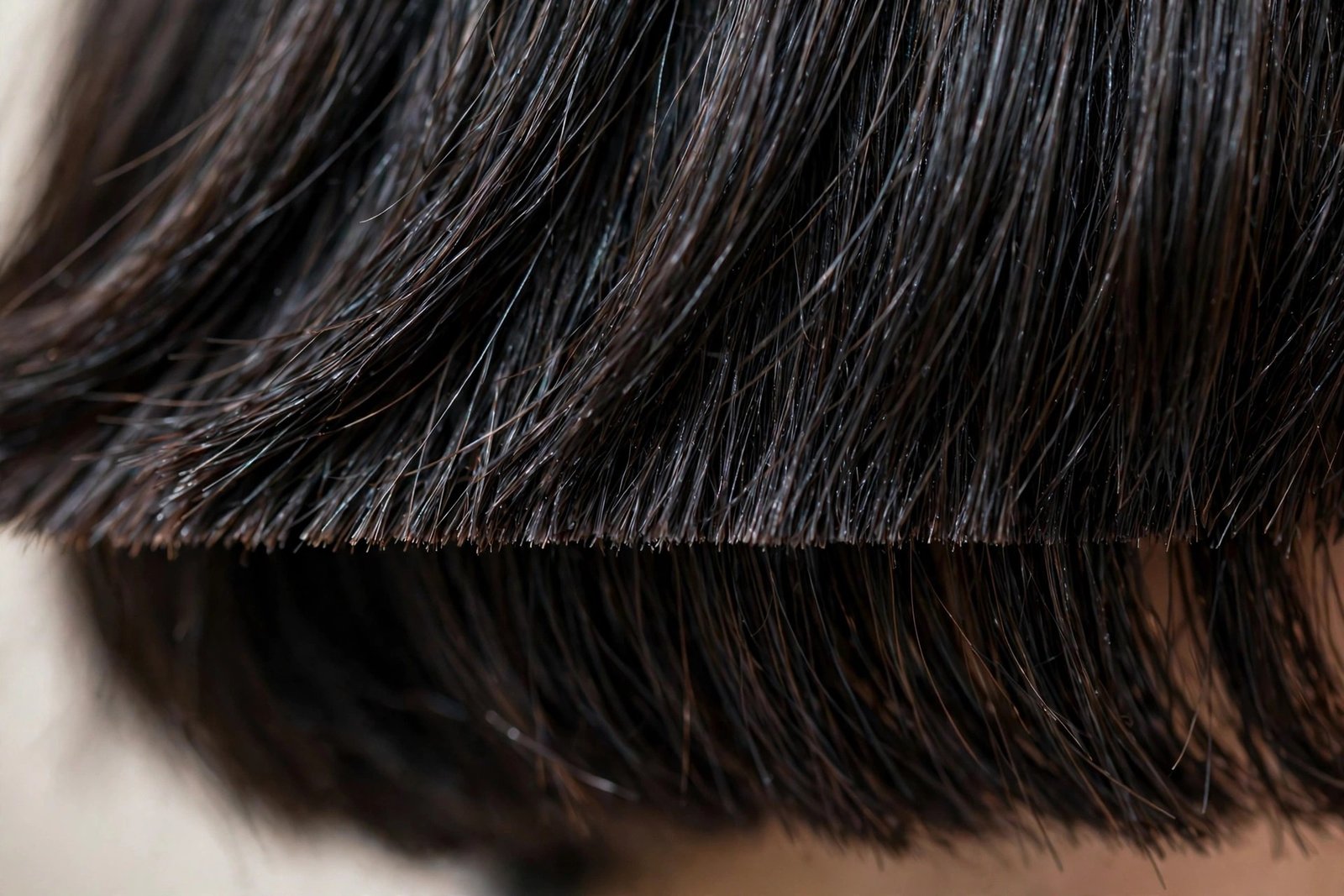 Detail of a precision-cut jawline bob showing the sharp cutting line at the jaw, glossy dark hair