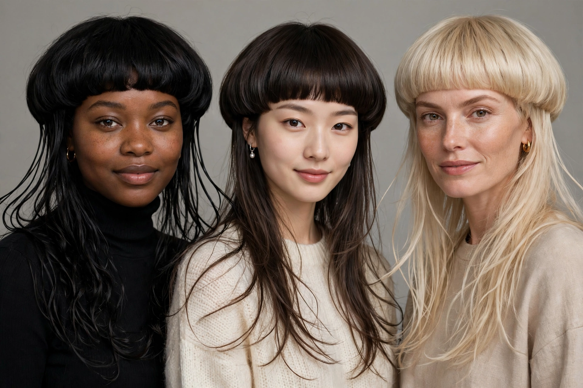 three diverse women with different face shapes wearing jellyfish haircuts, studio lighting, premium photography, no text