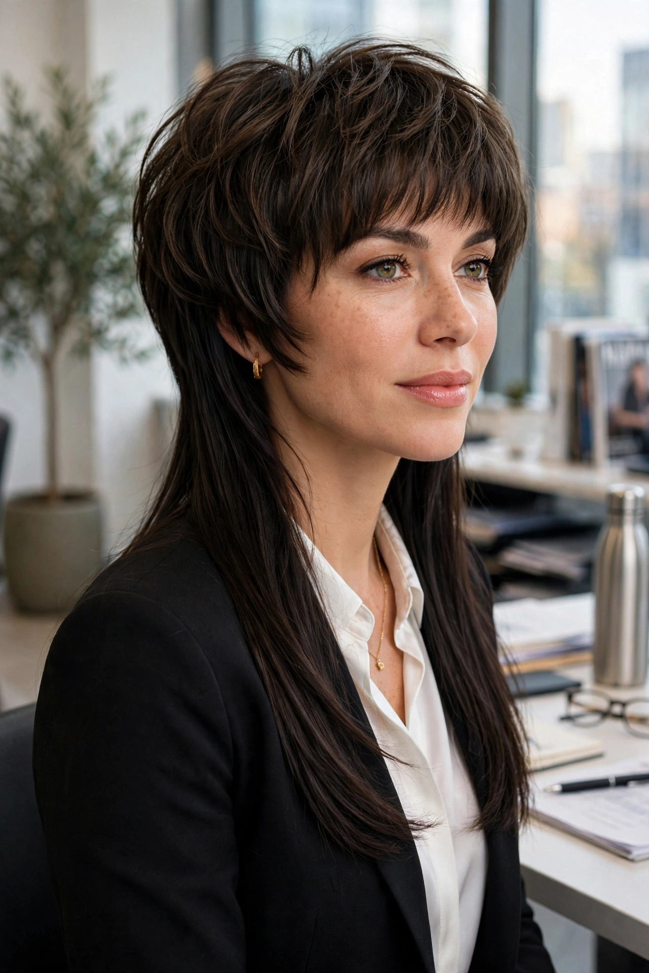 professional woman with subtle jellyfish haircut in office attire, workplace-appropriate styling, premium photography, no text