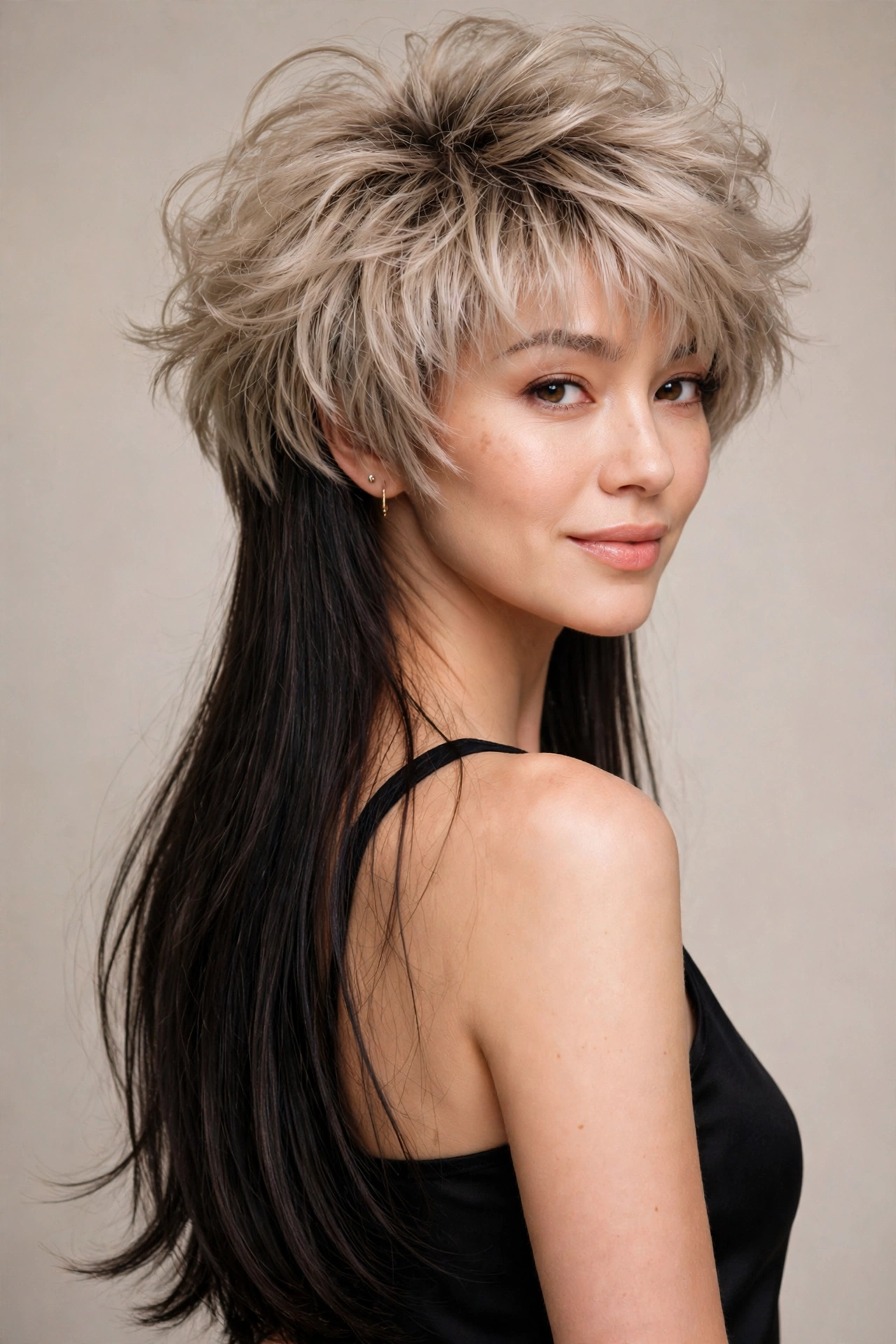 woman with fine thin hair wearing a jellyfish haircut, volume in top layer, premium portrait, no text
