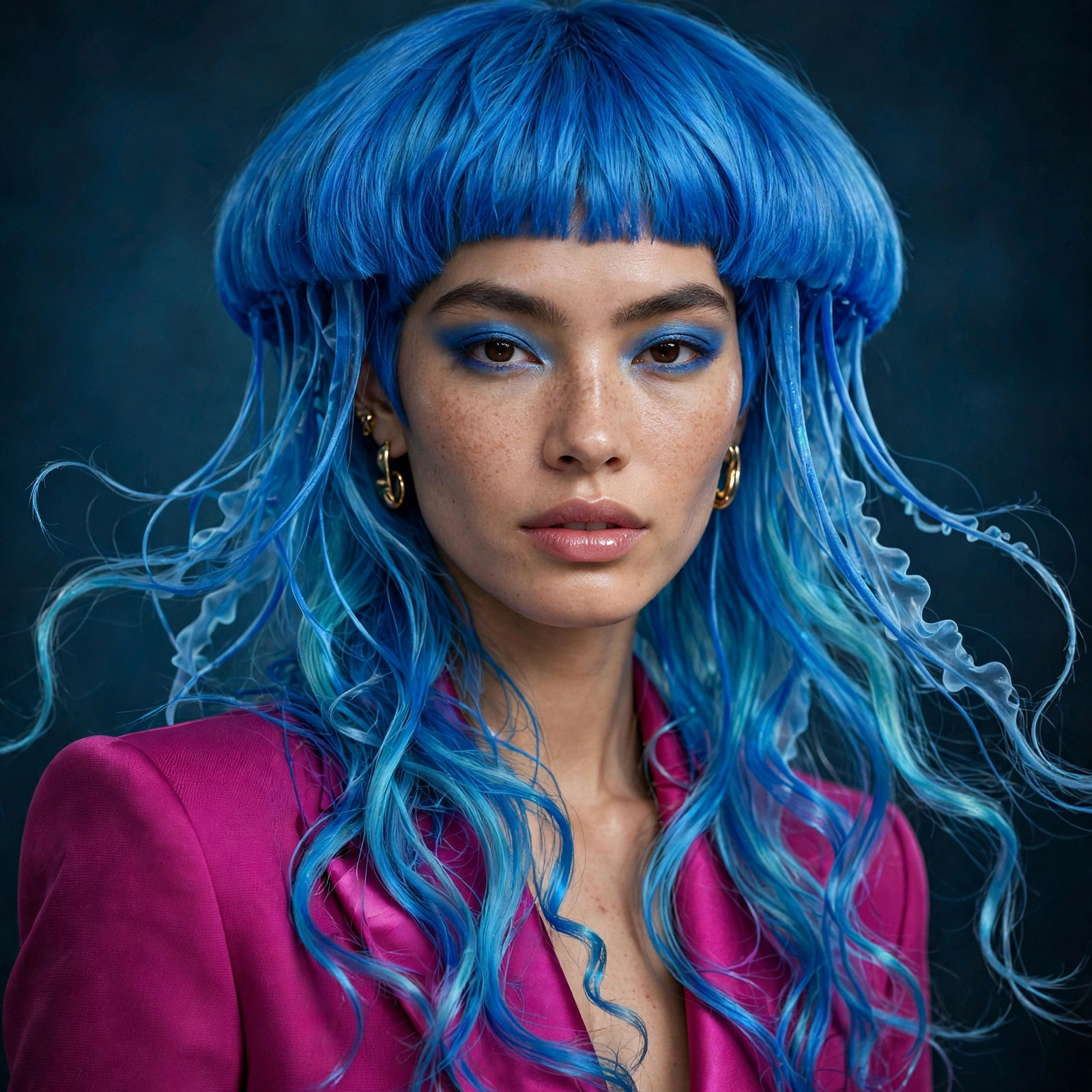 woman with vivid blue jellyfish haircut, bold fashion color, premium portrait, no text