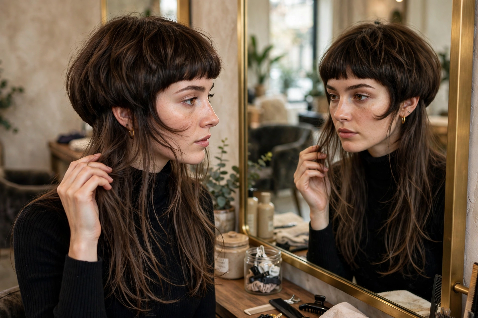 woman looking in salon mirror touching her jellyfish haircut, contemplative expression, premium photography, no text