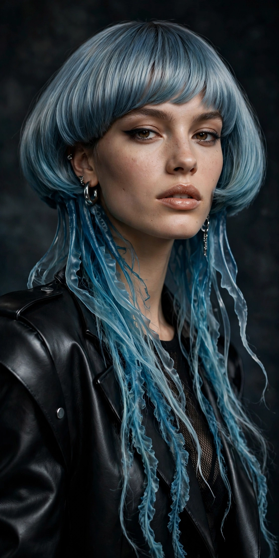 confident young woman with jellyfish haircut, bold fashion portrait, premium photography, no text