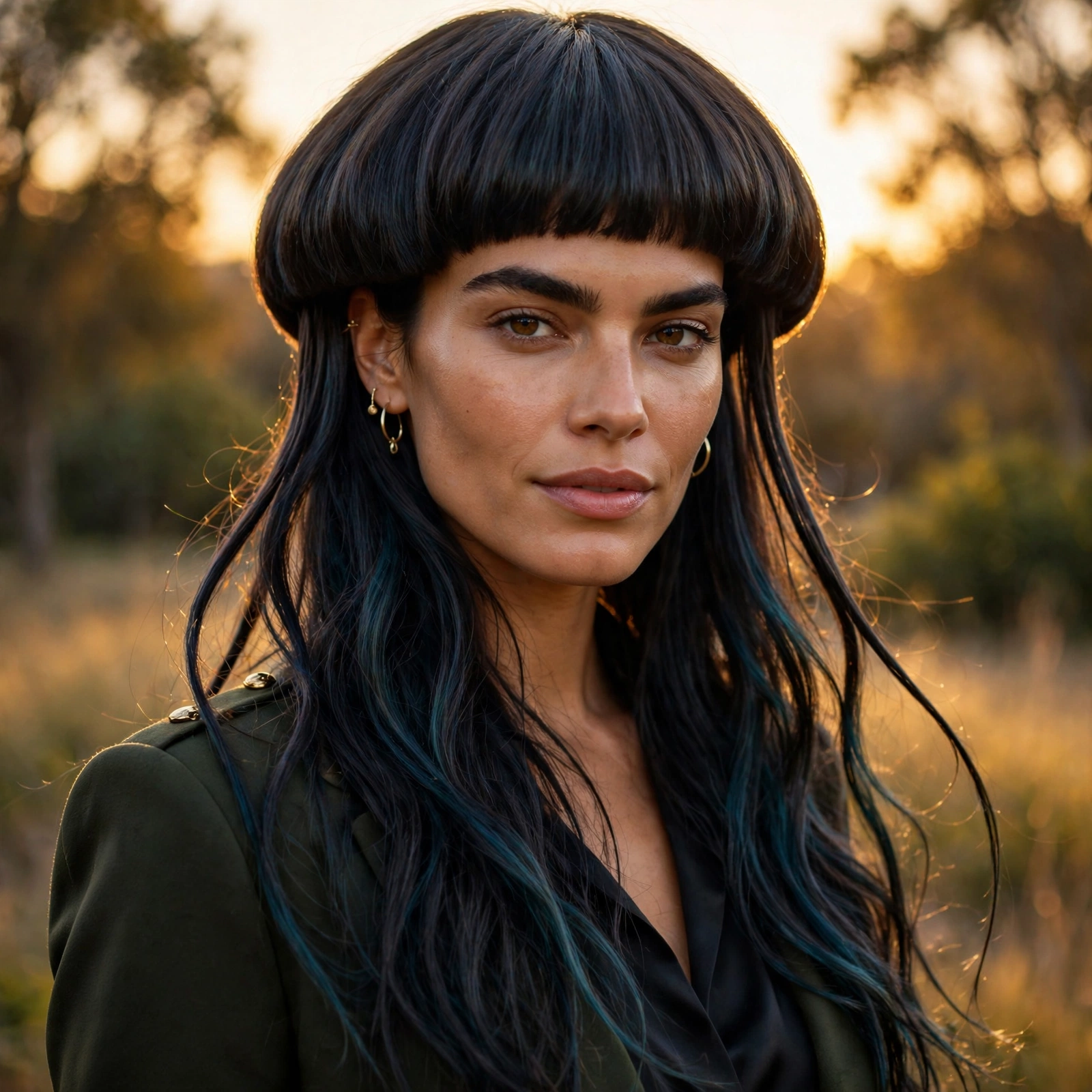 confident woman with dramatic jellyfish haircut, golden hour portrait, premium fashion photography, no text