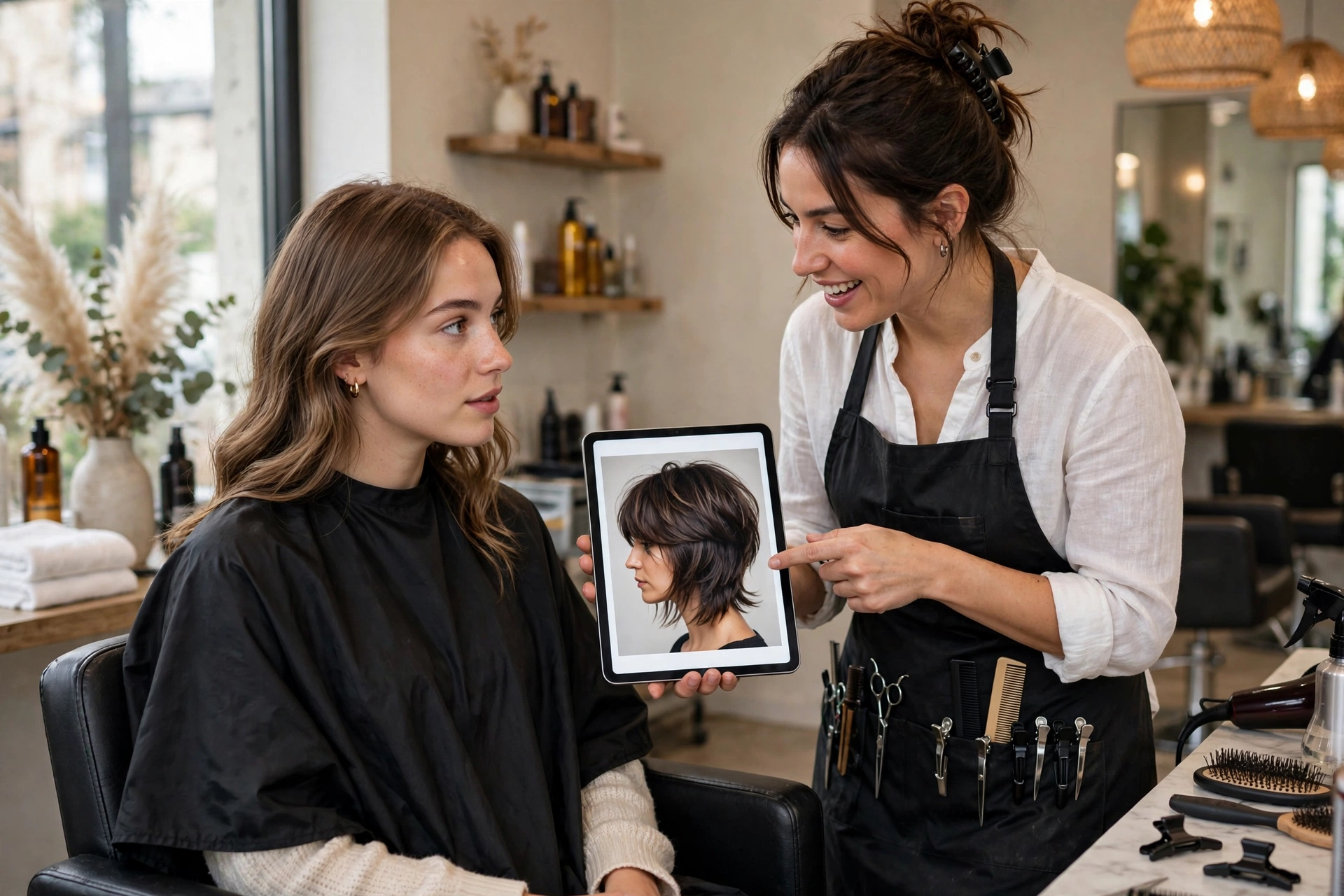 woman consulting with hairstylist in salon chair about jellyfish haircut, professional salon photography, no text