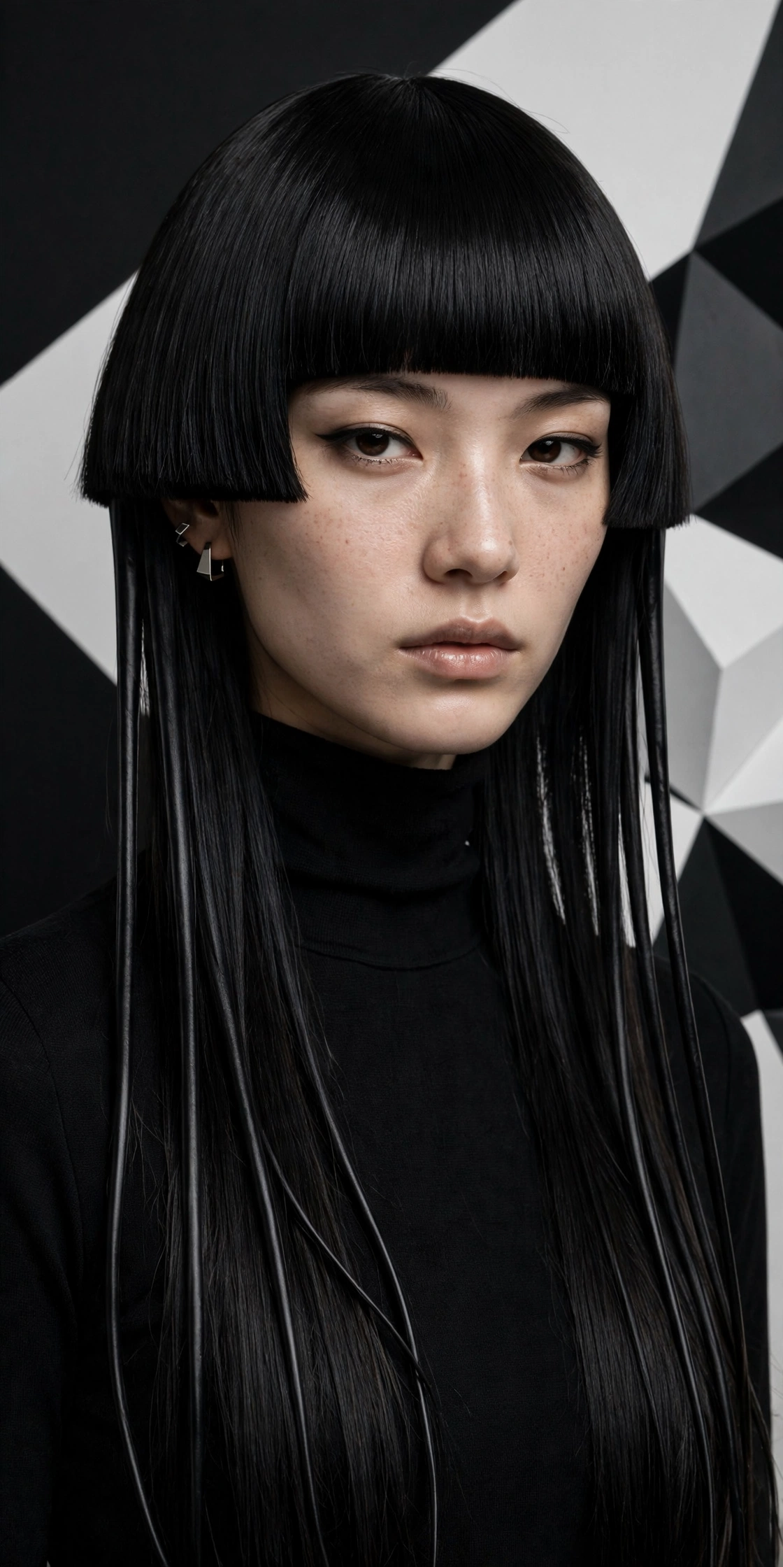 woman with classic jellyfish haircut, blunt black bob top with long straight black tentacle layers, sharp geometric contrast, premium portrait, no text