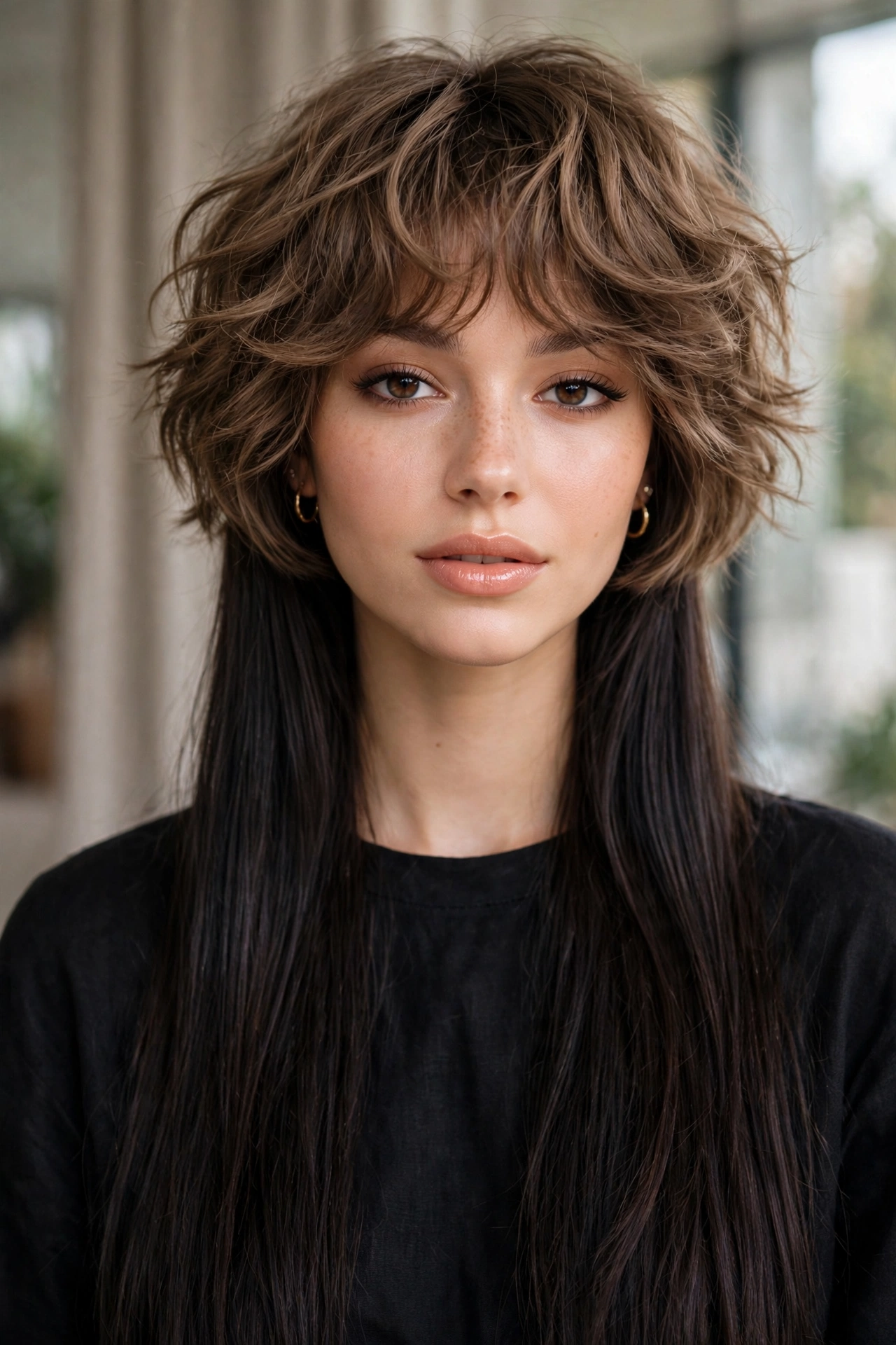 woman with wavy jellyfish haircut, textured waves in the top bob layer, long straight bottom, premium photography, no text
