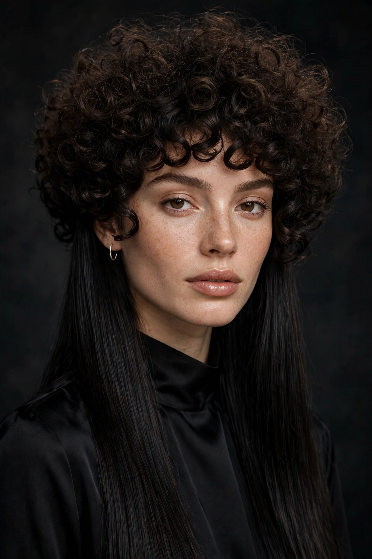 woman with curly jellyfish haircut, bouncy curls on top layer with long sleek ends, striking contrast, premium portrait, no text