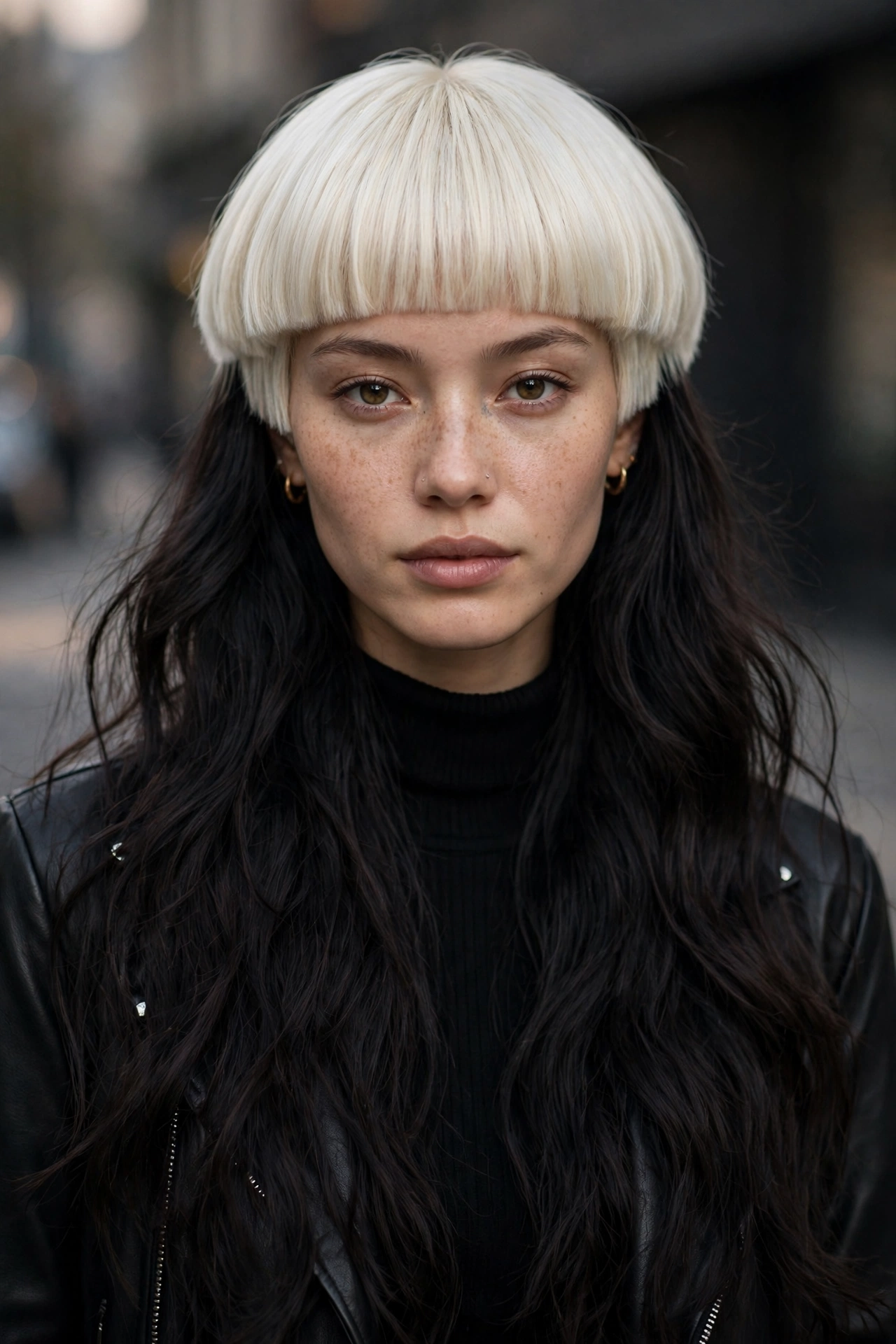 woman with two-tone jellyfish haircut, platinum blonde top layer with dark long bottom layer, bold color blocking, premium photography, no text