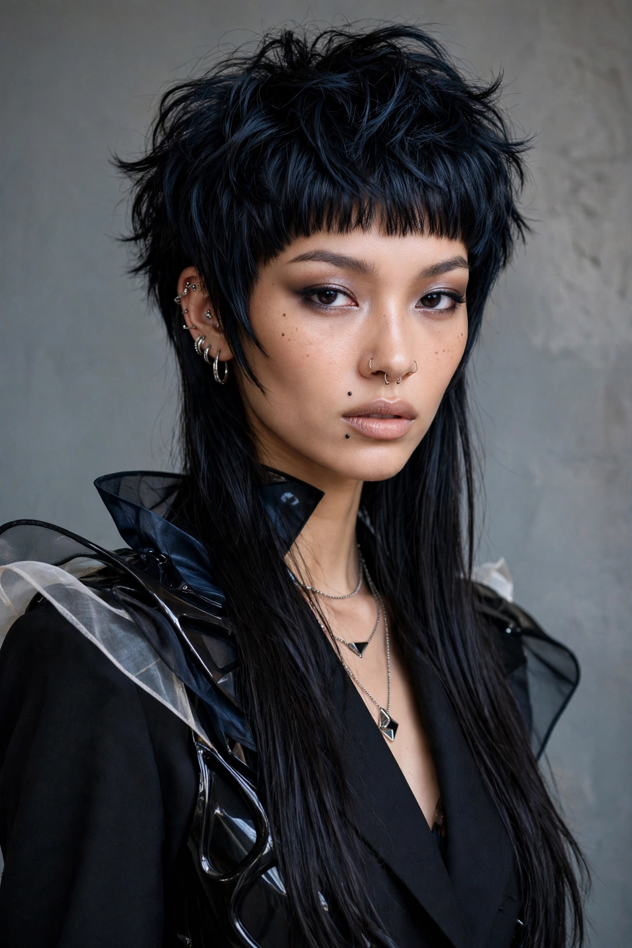 woman with jellyfish haircut and micro baby bangs, edgy avant-garde look, premium fashion portrait, no text
