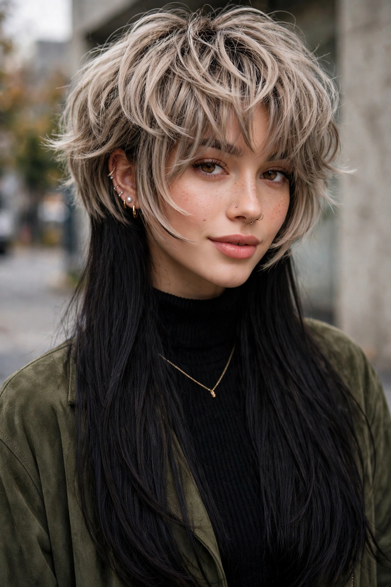 woman with jellyfish haircut and soft curtain fringe framing her face, feminine edgy blend, premium photography, no text